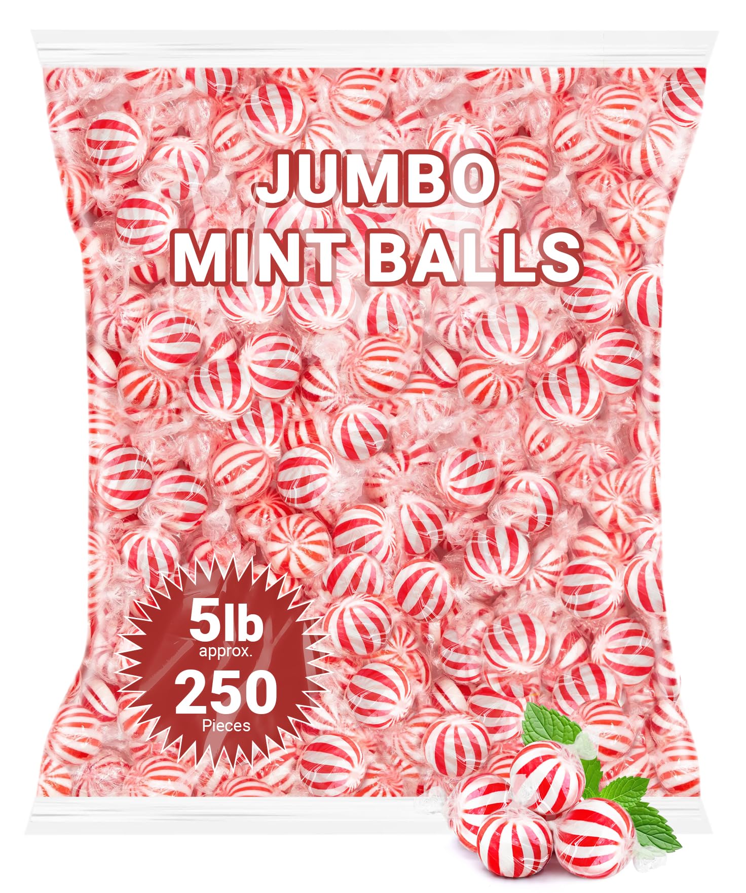Jumbo Peppermint Candy Balls  5 Pound Bulk Peppermint Hard Candy  Approx 250 Individually Wrapped Mint Balls for Christmas Candy Jars  Office Bowls  and Holiday Party Favors.