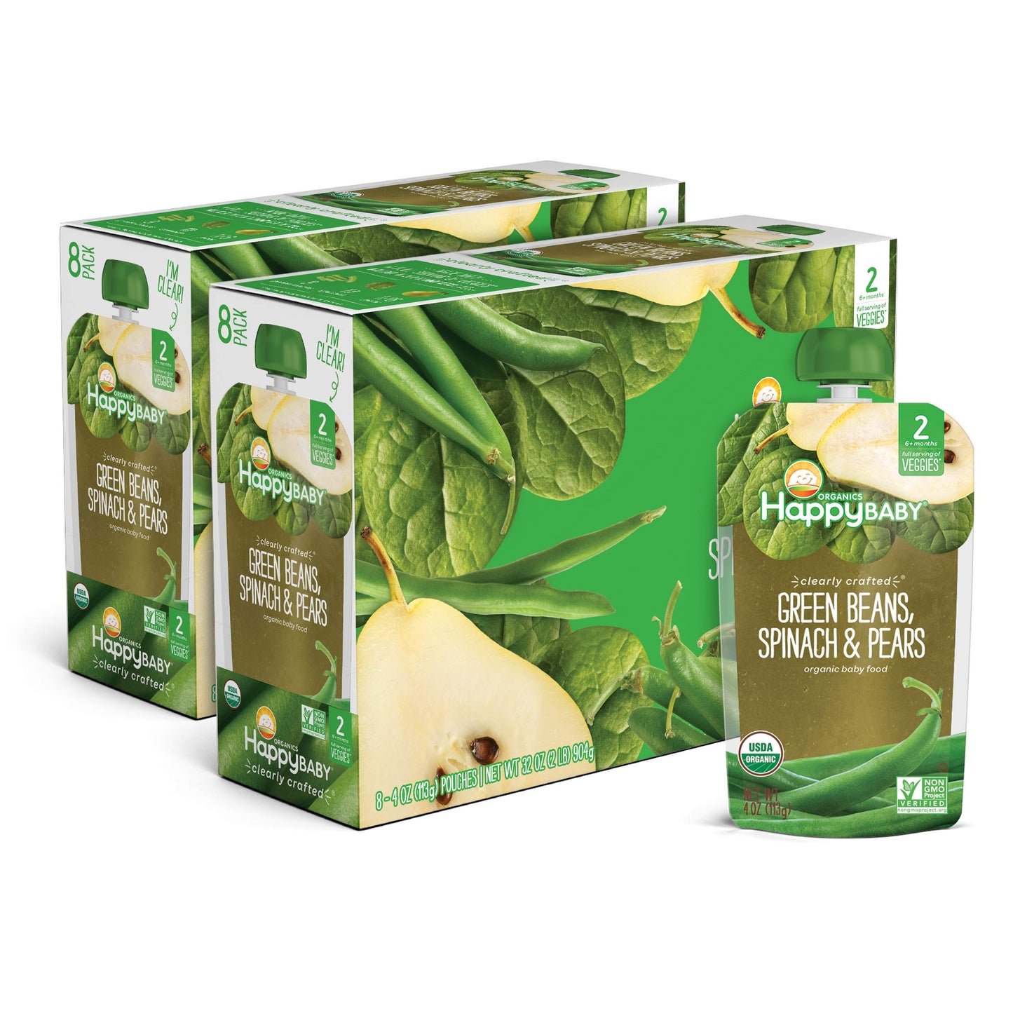 Happy Baby Organics Stage 2 Baby Food Pouches, Gluten Free, Vegan & Healthy Snack, Clearly Crafted Fruit & Veggie Puree, Green Beans, Pears & Spinach, 4 Ounces (Pack Of 16)