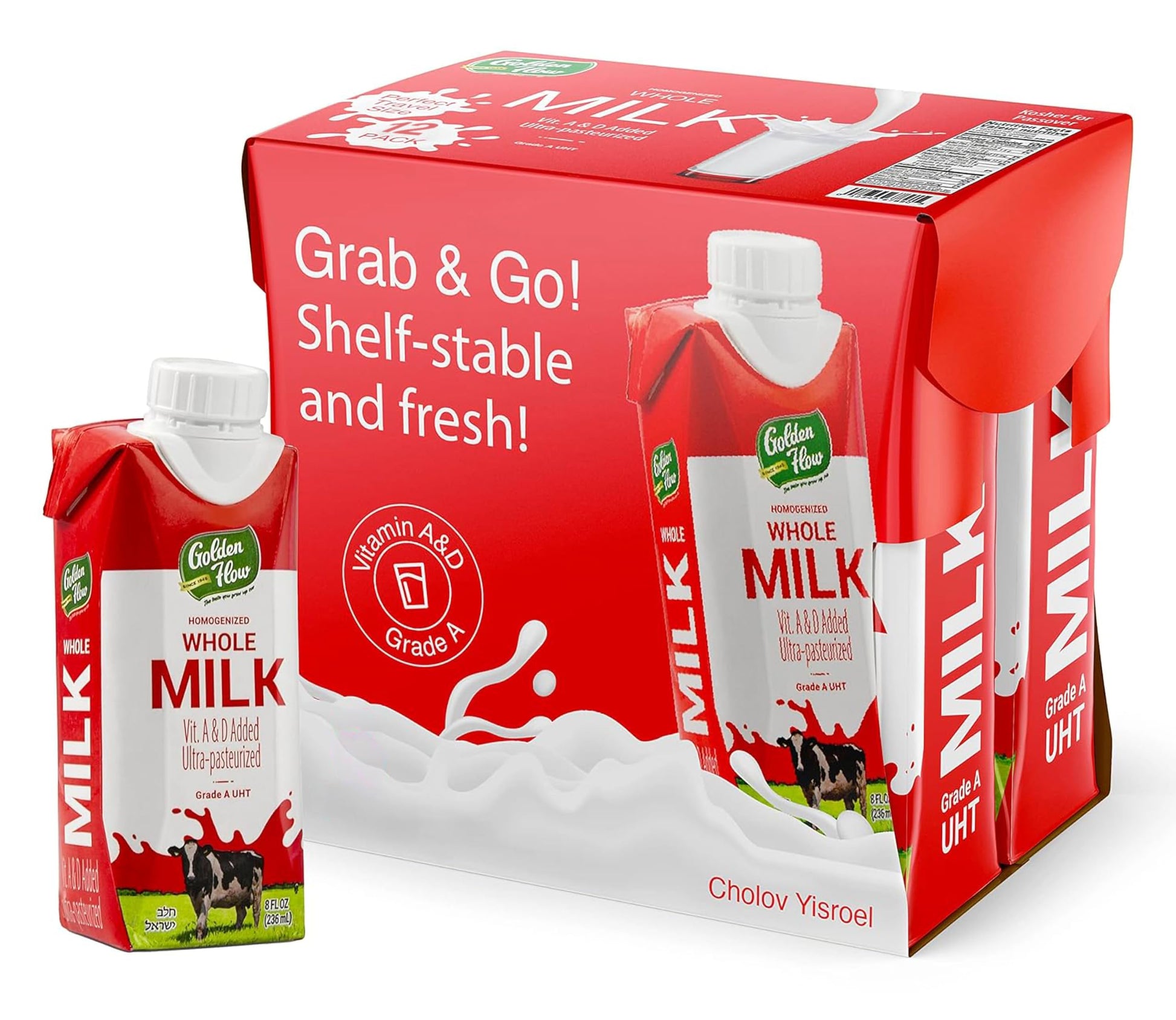 Golden Flow Shelf Stable Whole Milk - UHT 8oz Boxes (12 Pack), 100% Grass Fed, High in Omega-3 & Vitamin D, No Refrigeration Nee