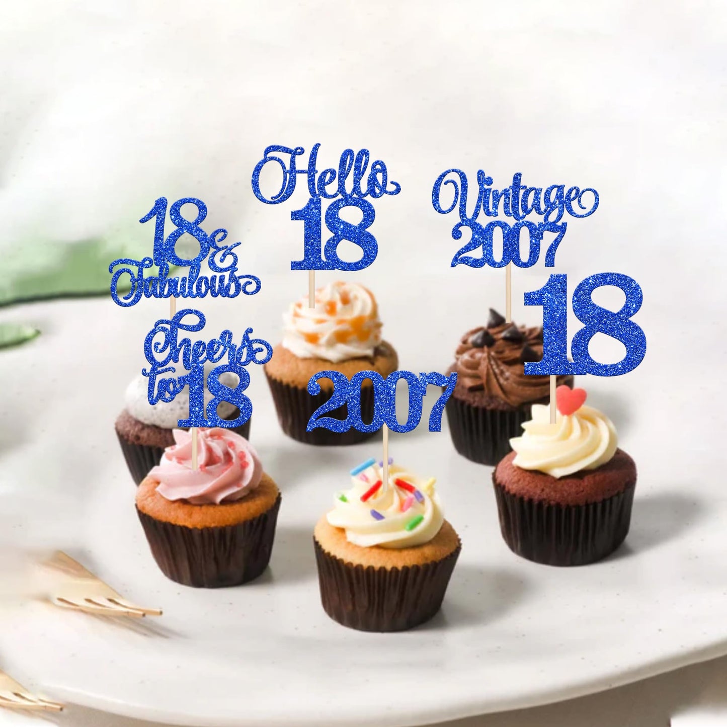 Rssta i 18th Birthday Cupcake Toppers, 24 Pack, Vintage 2007 Design, Blue