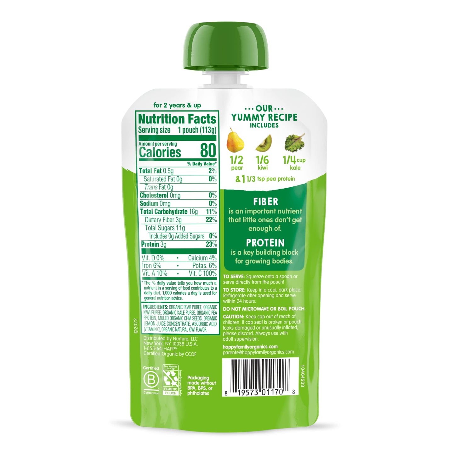 Happy Tot Organics Stage 4 Baby Food Pouches, Gluten Free, Vegan Snack, Fiber & Protein Fruit & Veggie Puree, Pears, Kiwi & Kale, 4 Ounce (Pack Of 16)