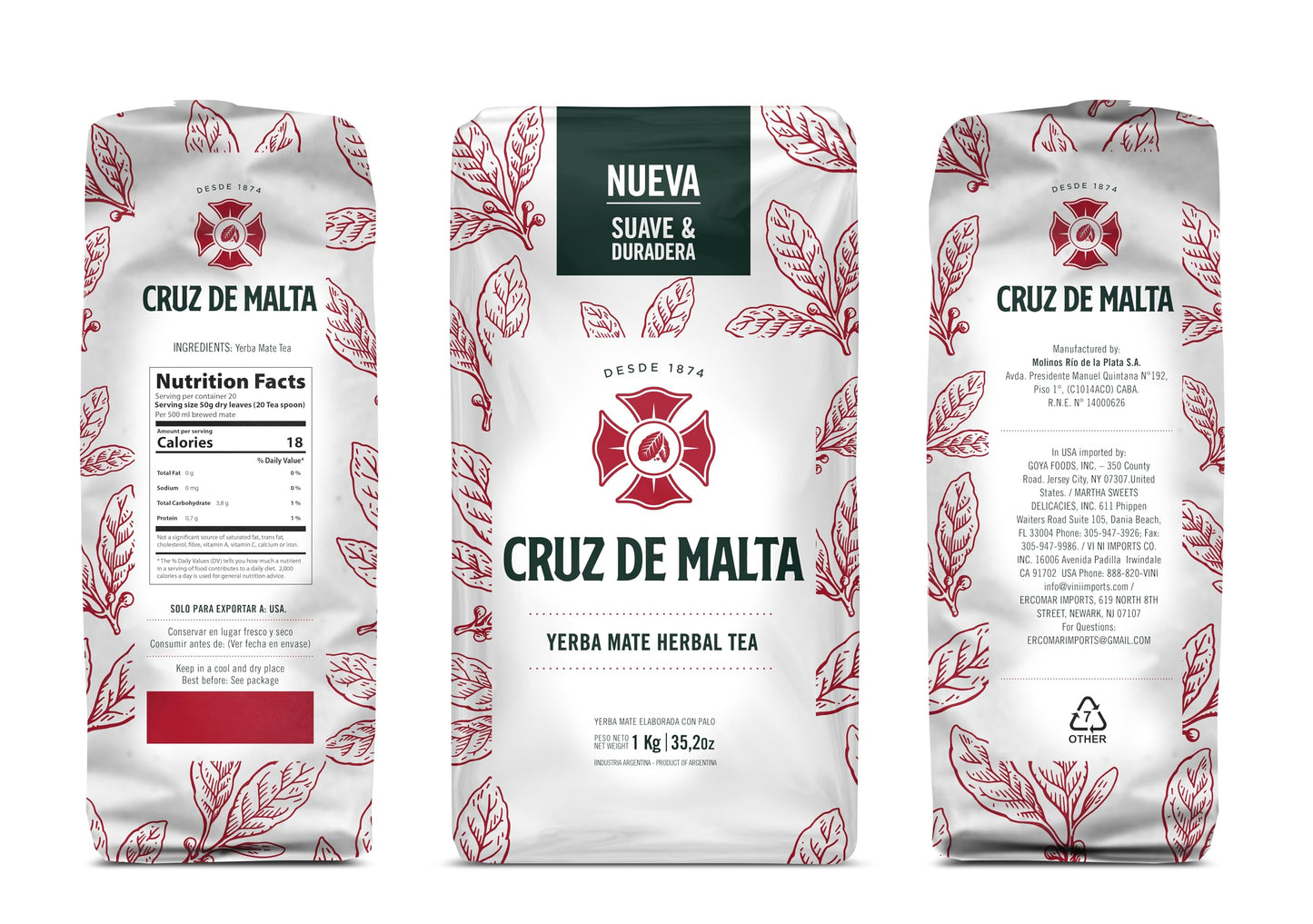 CRUZ DE MALTA Yerba Mate, 3-Pack, Suave y Duradera, 2.2 Lbs Each Bag, 35.2 Ounces