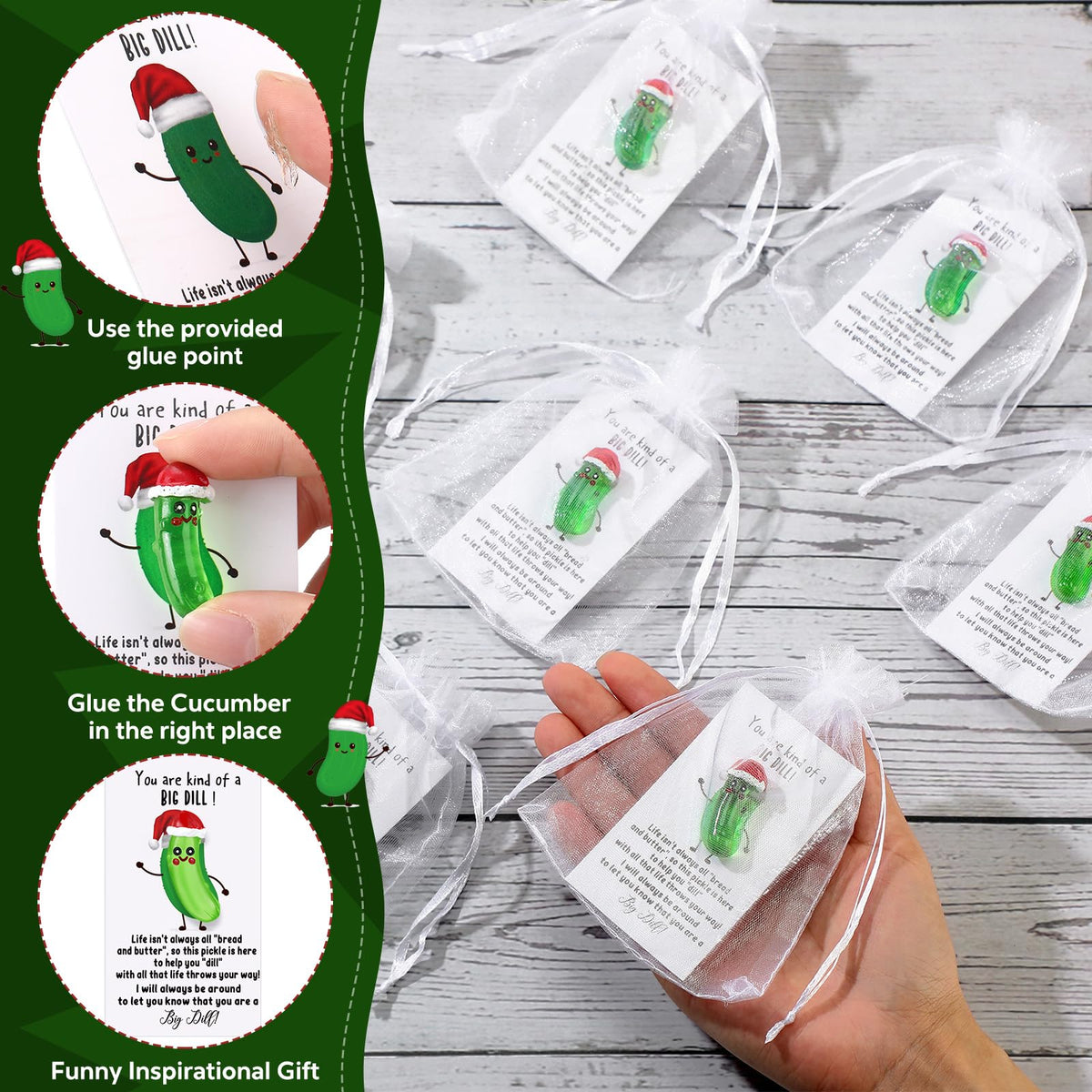 Roundfunny 30 Sets Emotional Support Gifts Bulk Cute Resin Luminous Pickle Taco With Inspirational Card Organza Bag For Coworker