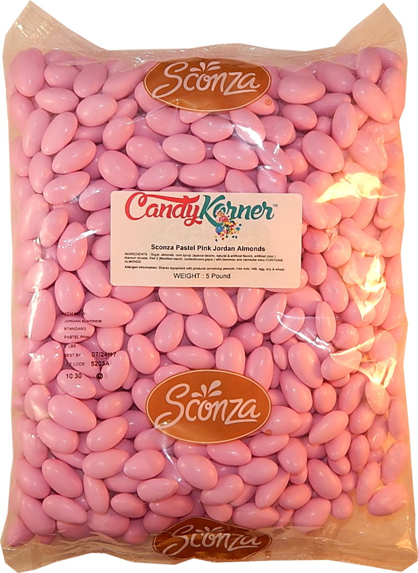 Candy Korner Sconza Jordan Almonds, Pink, 5 Pound (80 OZ) Pack