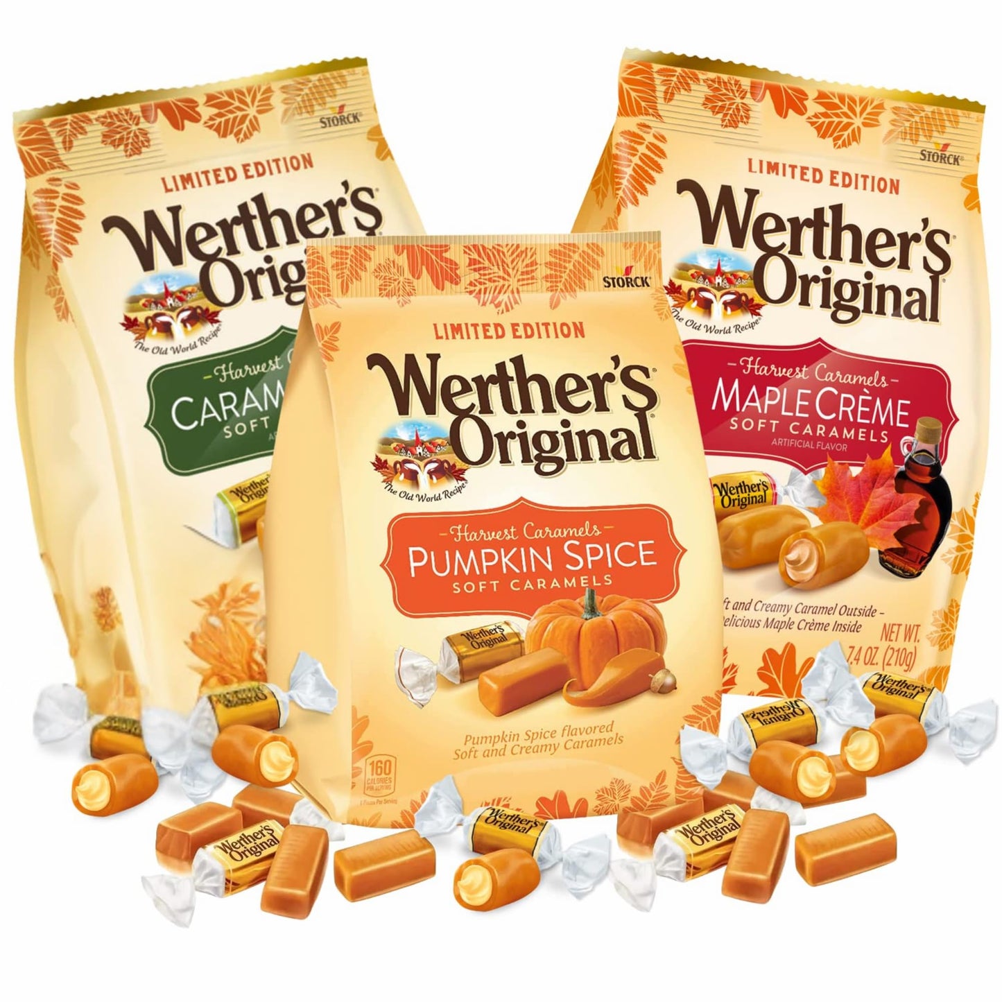 Sweetzo Harvest Soft Caramels, Pumpkin Spice & Caramel Apple, 8 oz, Bulk Individually Wrapped Fall Candies, Multi-Color Pack of 3