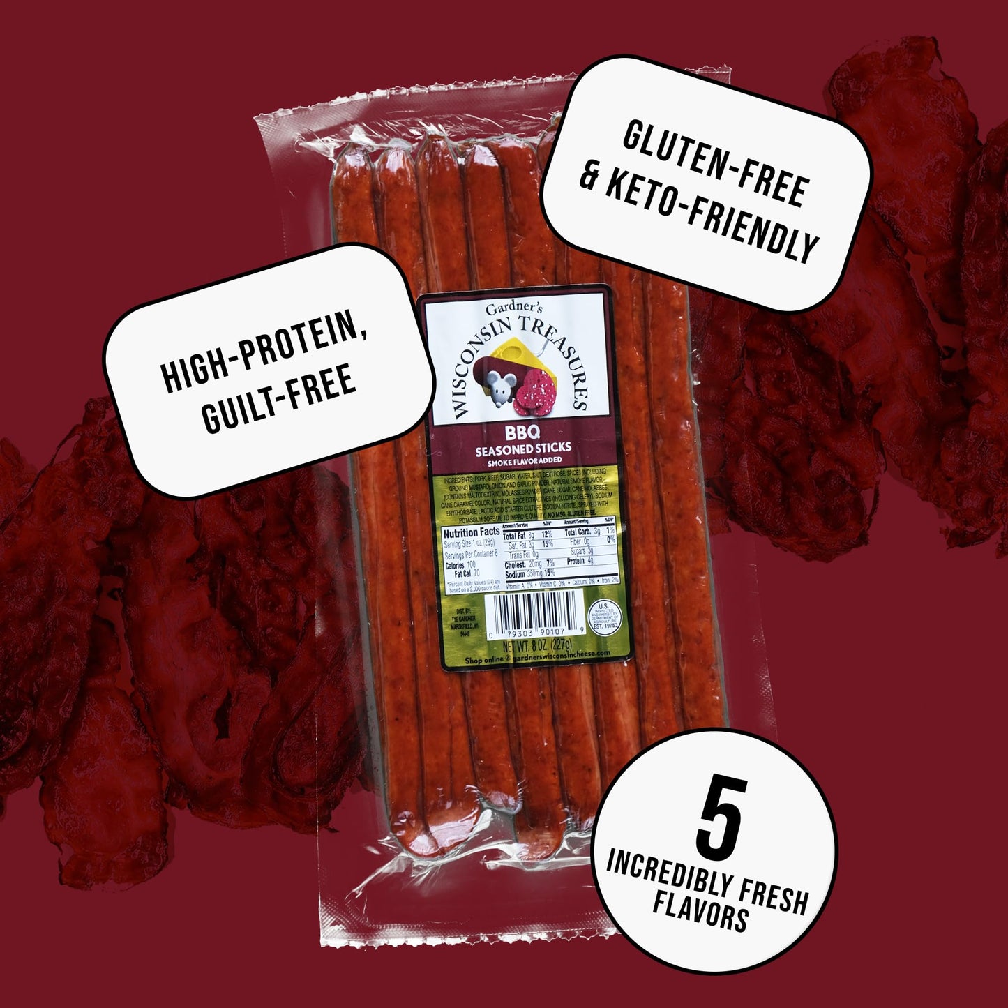 Gardners Wisconsin Cheese, Meat Sticks (1 Ounce Sticks, Pack of 8) - Smoky BBQ Flavor, Low Carb Snack, Does Not Require Refrige