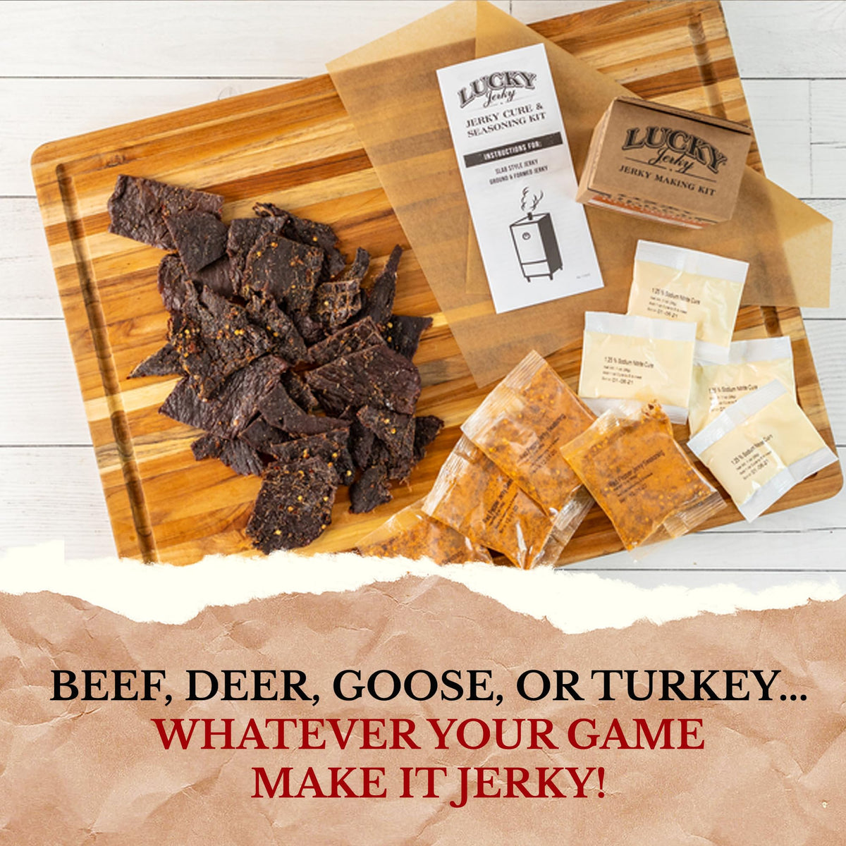 Lucky Beef Jerky DIY Jerky Seasoning and Cure Kits - Variety Pack with Six Flavors | Make Your Own with Sweet and Spicy  Peppered  Red Pepper  Teriyaki  BBQ  and Original- Season 120lbs of Meat