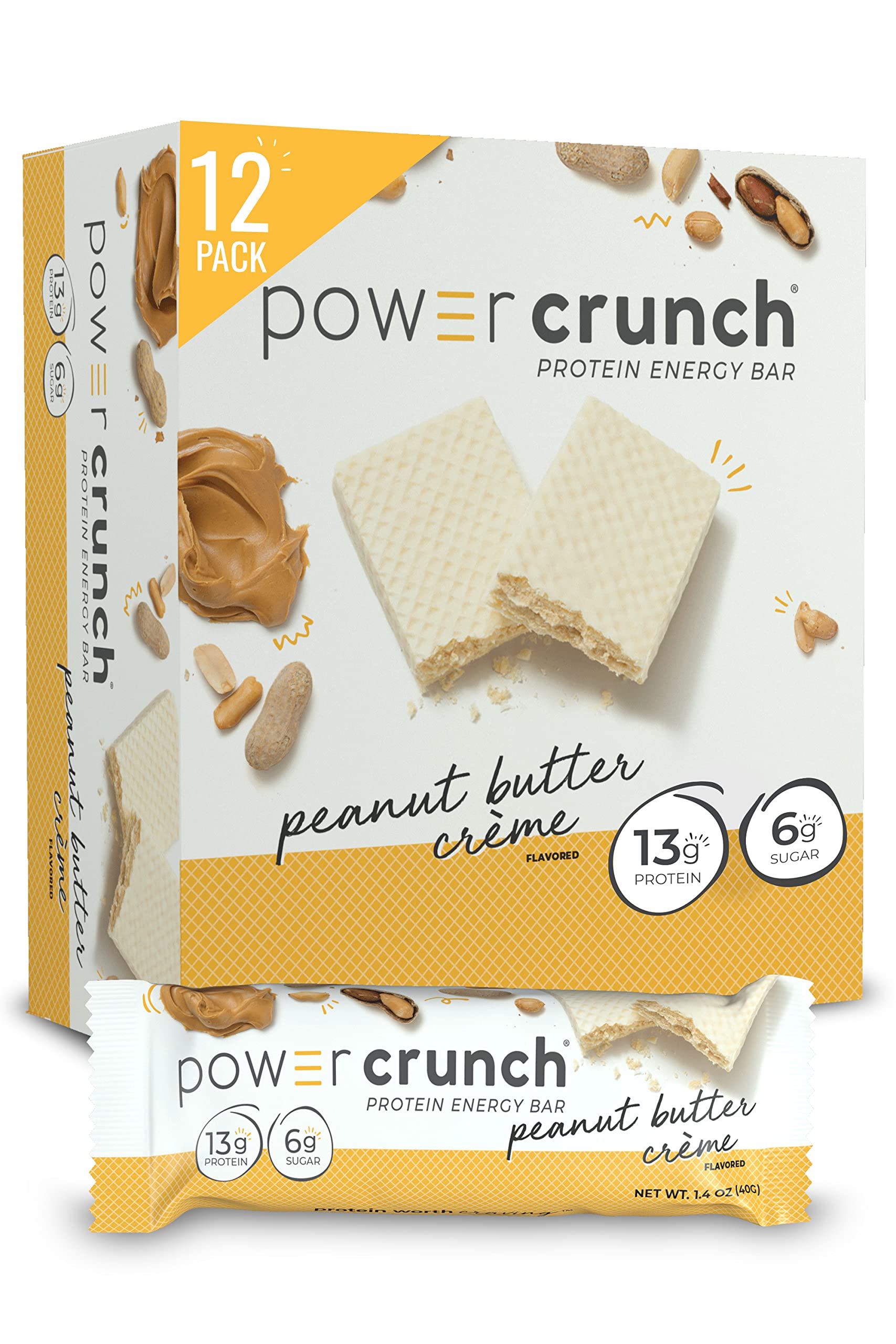 Power Crunch Protein Wafer Bars, High Protein Snacks With Delicious Taste, Peanut Butter Crme, 1.4 Ounce (12 Count)