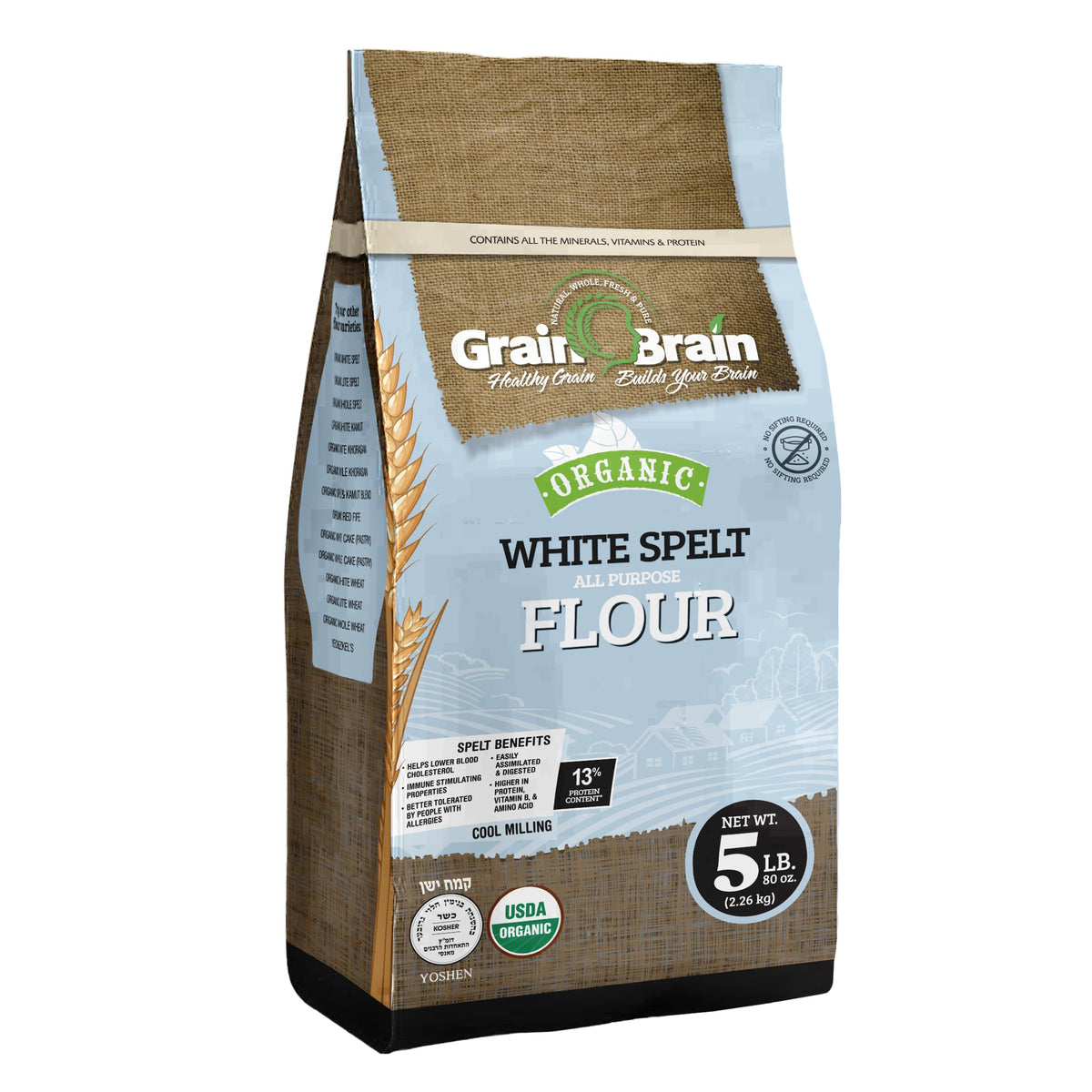 Grain Brain Organic White Spelt Flour (5 LB) All Purpose Flour