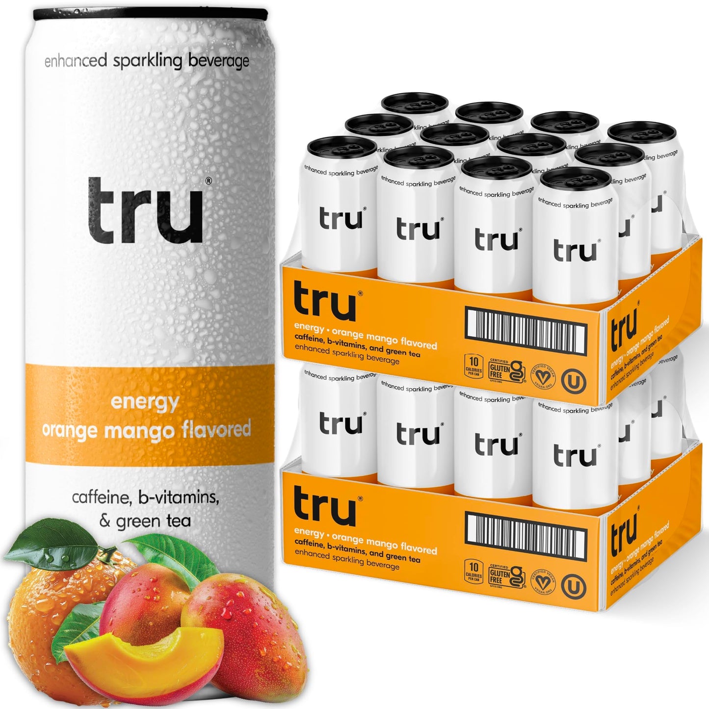 Tru Energy Seltzer  Orange Mango Flavored Sparkling Water Made With Real Fruit Juice - Clean Energy Drink Plus B Vitamins - Natural Energy Blend  Kosher  Gf  No Added Sugar Beverages  12Oz (Pack Of 24)