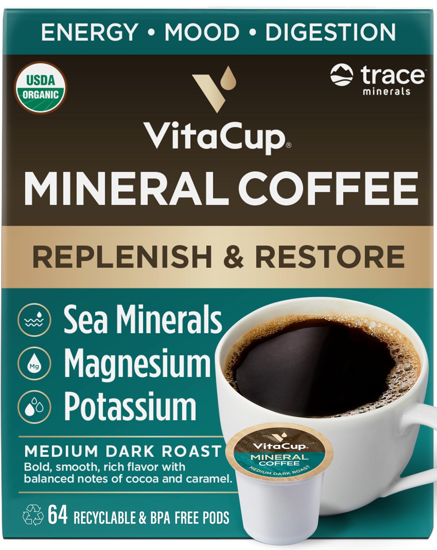 VitaCup Coffee Pods with Trace Minerals, Medium Dark Roast, Compatible with Keurig, 64 Count