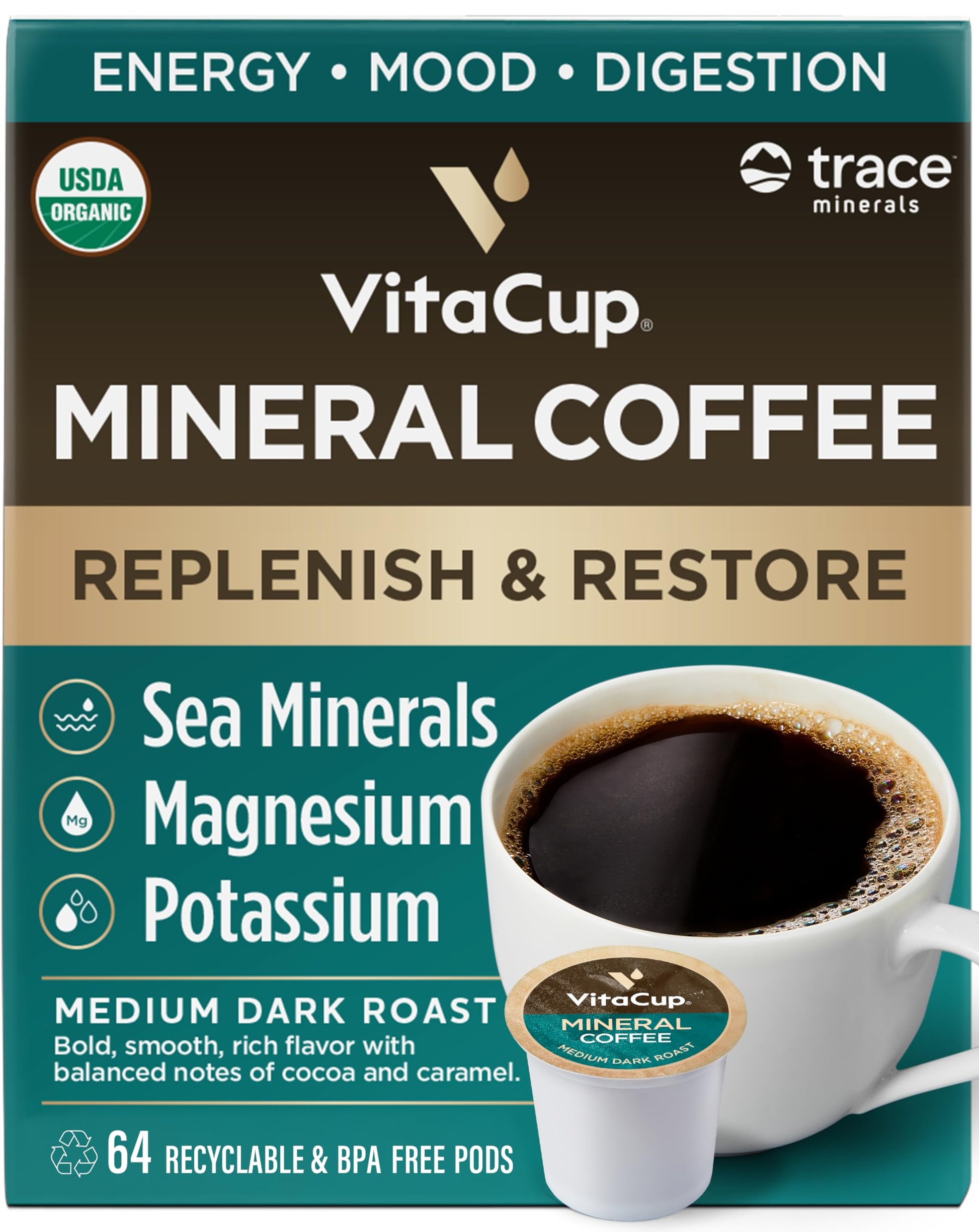 VitaCup Coffee Pods with Trace Minerals, Medium Dark Roast, Compatible with Keurig, 64 Count