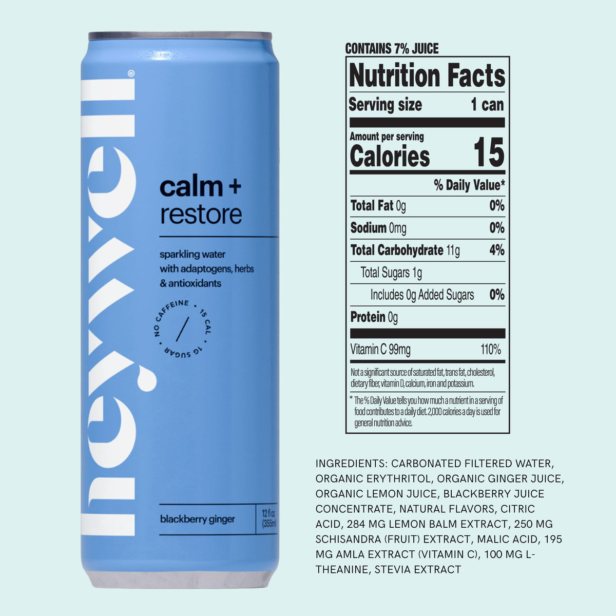 Heywell Sparkling Adaptogenic Water Calm and Restore, Blackberry Ginger Flavor 12 Fluid Ounce (Pack of 12) - Non Caffeinated, Or