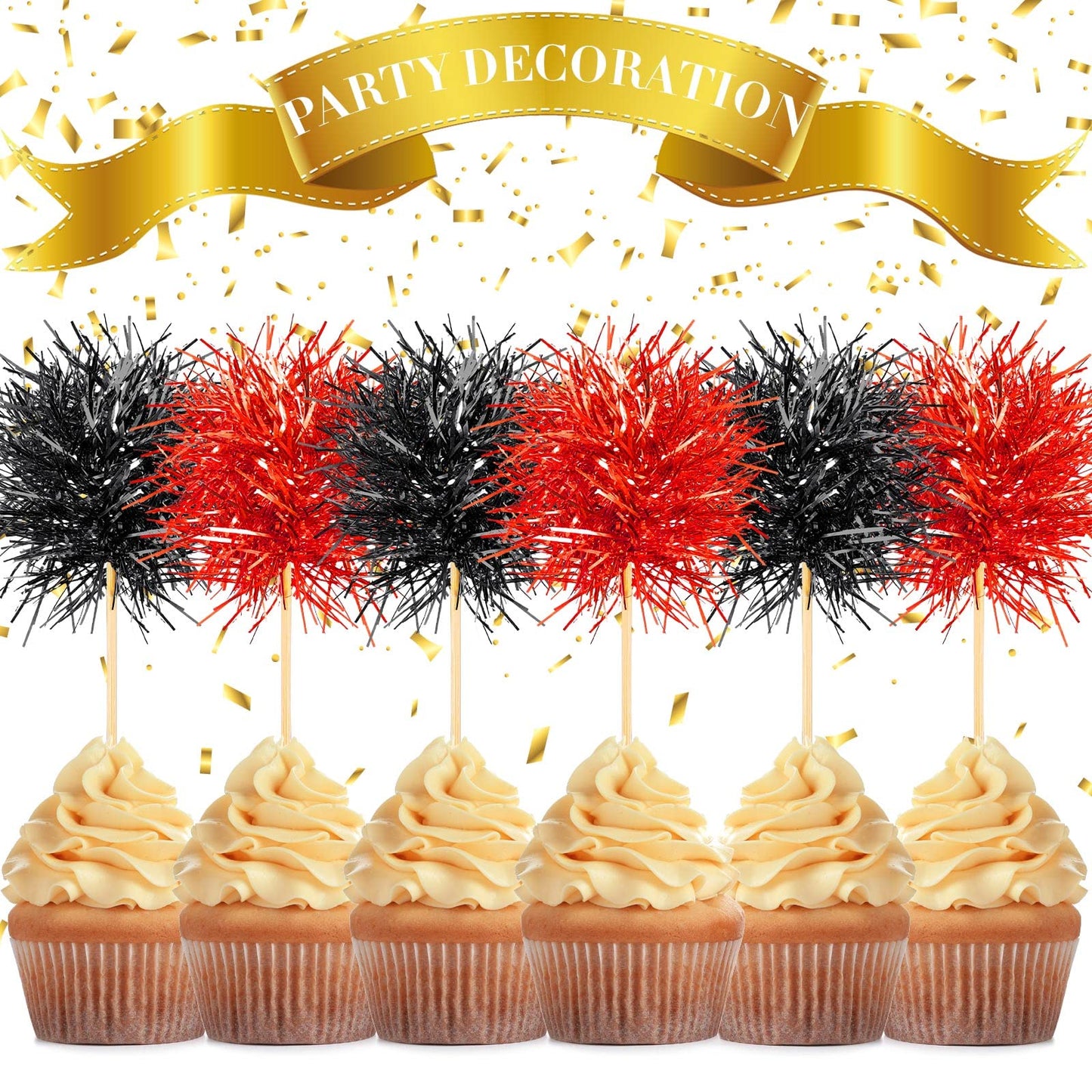 Chinco Foil Firework Cupcake Toppers, 100 Pcs, 6 x 1.77 inches, Red and Black, Cake Decoration for Parties