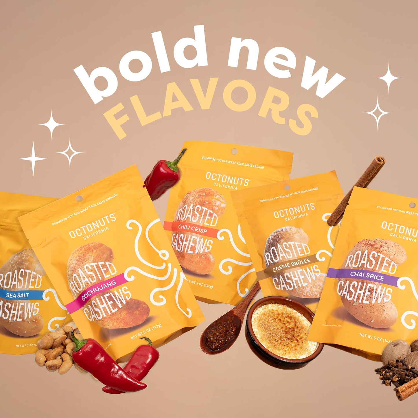 Octonuts Chili Crisp Cashews - Roasted in Almond Oil (5oz) Bold Chili and Garlic Crunch - Plant Based Protein Snack - Healthy, V