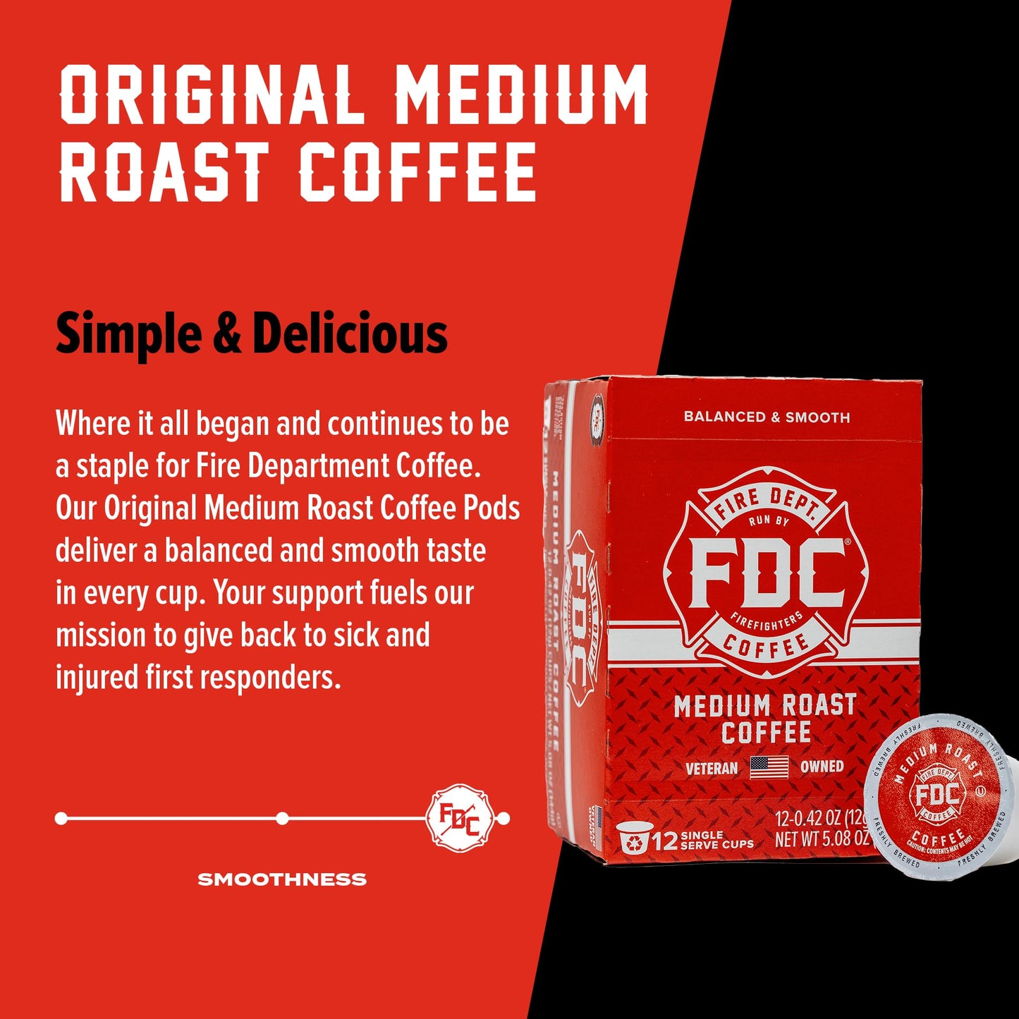 Fire Department Coffee Original Medium Roast Coffee Pods - 12 Count - Premium K Cups - Veteran Owned - Roasted in the USA