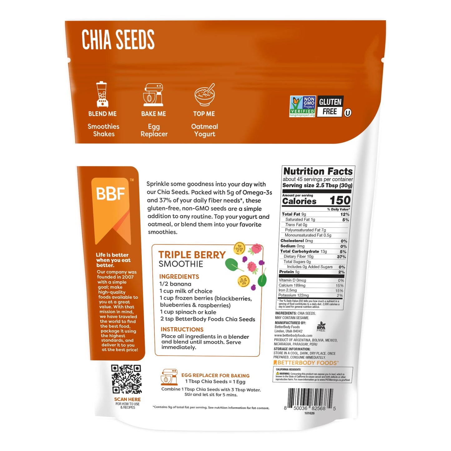 BetterBody Foods Chia Seeds 3 lbs, 48 Oz, with Omega-3, Non-GMO, Gluten Free, Keto Diet Friendly, Vegan, Good Source of Fiber, A
