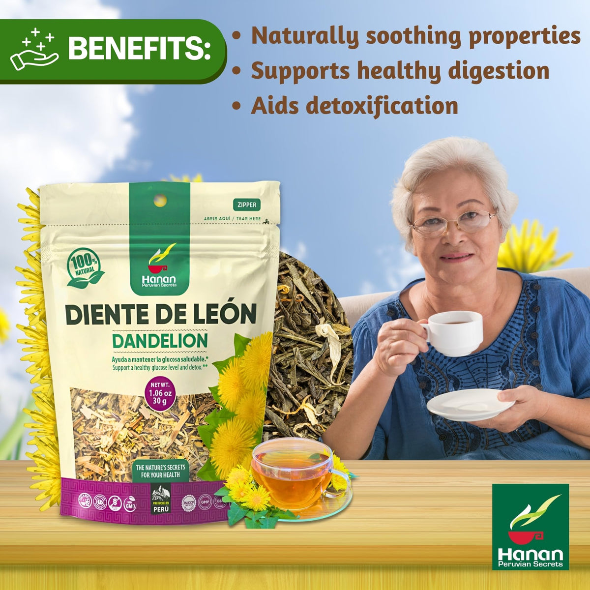 Hanan Dandelion Loose Leaf Herbal Tea - 1.1 oz (30 g) Dandelion Leaves from Peru
