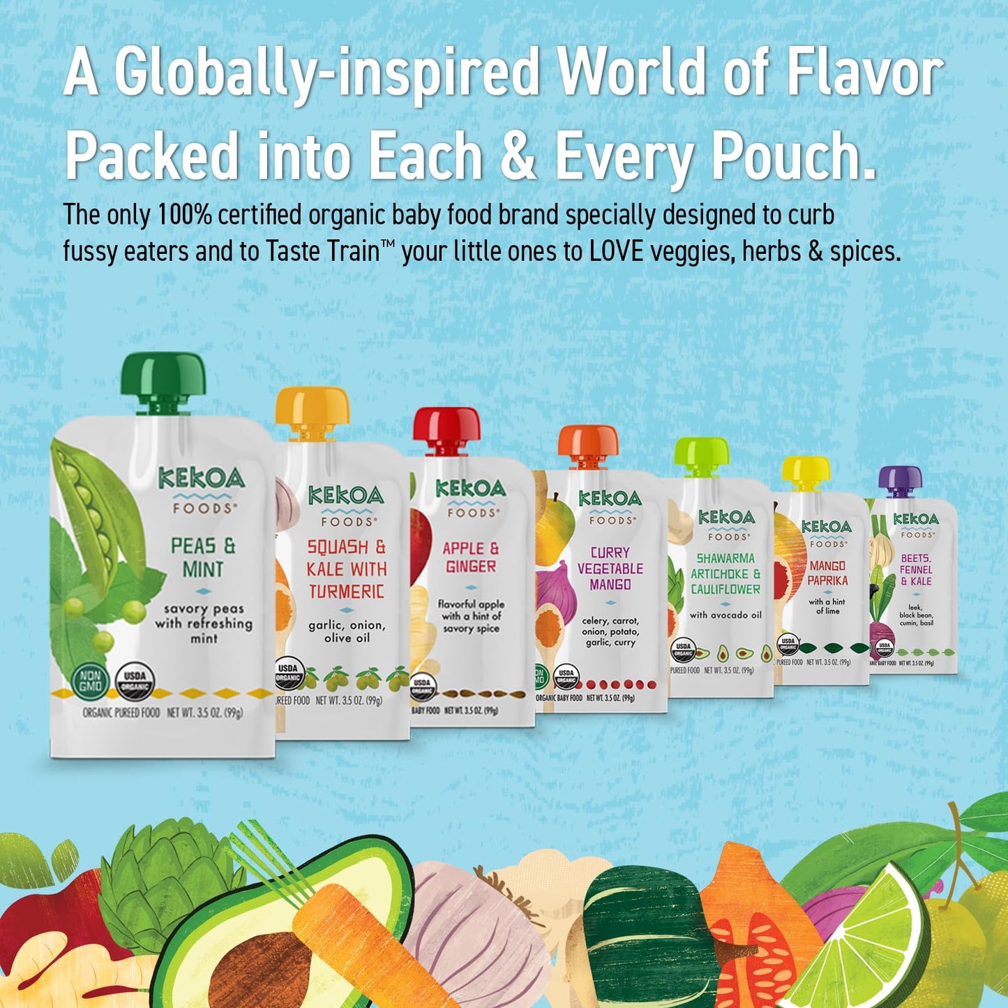 Kekoa Foods Peas & Mint Baby Food Purée | 100% Usda Certified-Organic Vegetarian Squeeze Pouch | Organic, Non-Gmo, Gluten-Free, Vegan | Fiber & Protein Boosting First Food For Babies | 3.5 Oz