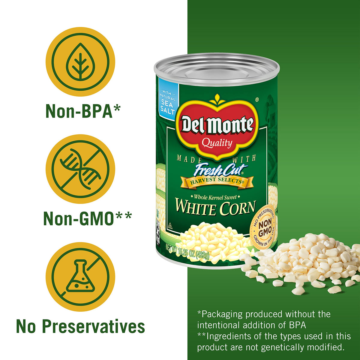 Del Monte Fresh Cut Sweet White Whole Kernel Corn, Canned Vegetables, 15.25 Oz, Pack of 12
