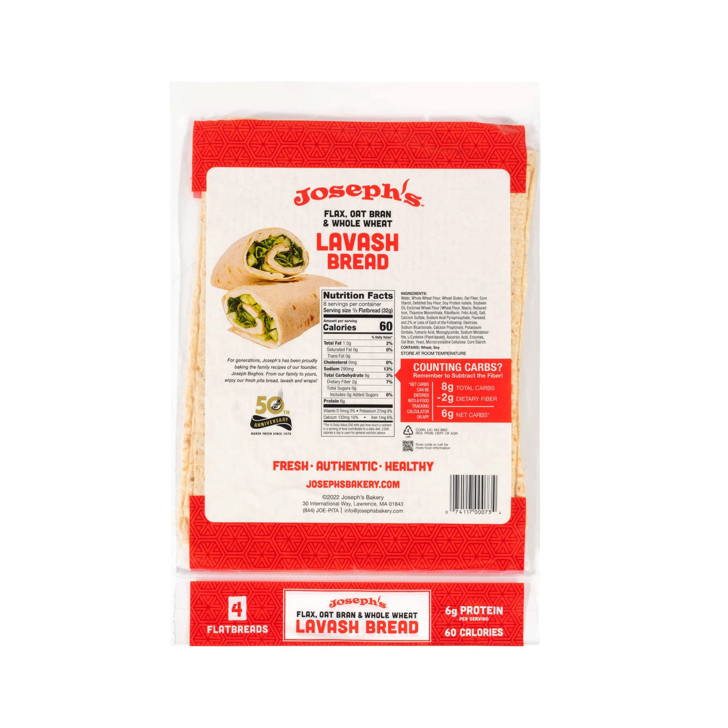 Joseph'S Lavash Bread Value 6-Pack, Flax Oat Bran And Whole Wheat, Reduced Carb (4 Flatbreads Per Pack, 24 Total)