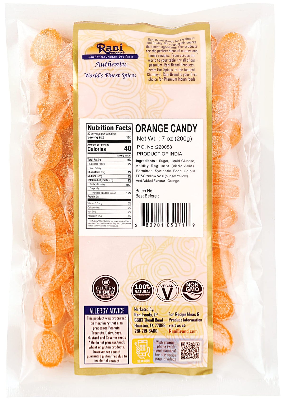 Rani Orange Candy - Vegan, Gluten Friendly, NON-GMO, 7oz (200g) - Authentic Indian