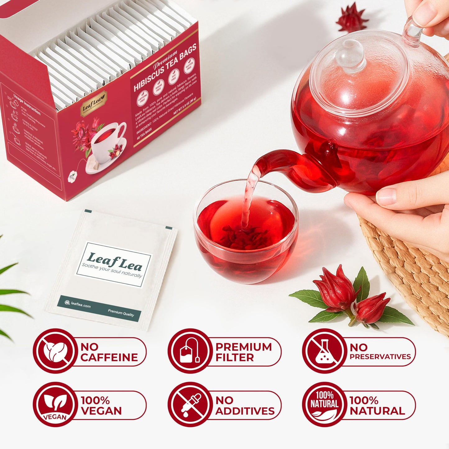 LeafLea Hibiscus Tea Bags, Caffeine-Free, Sugar-Free, Non-GMO, 160 Count (Pack of 4)