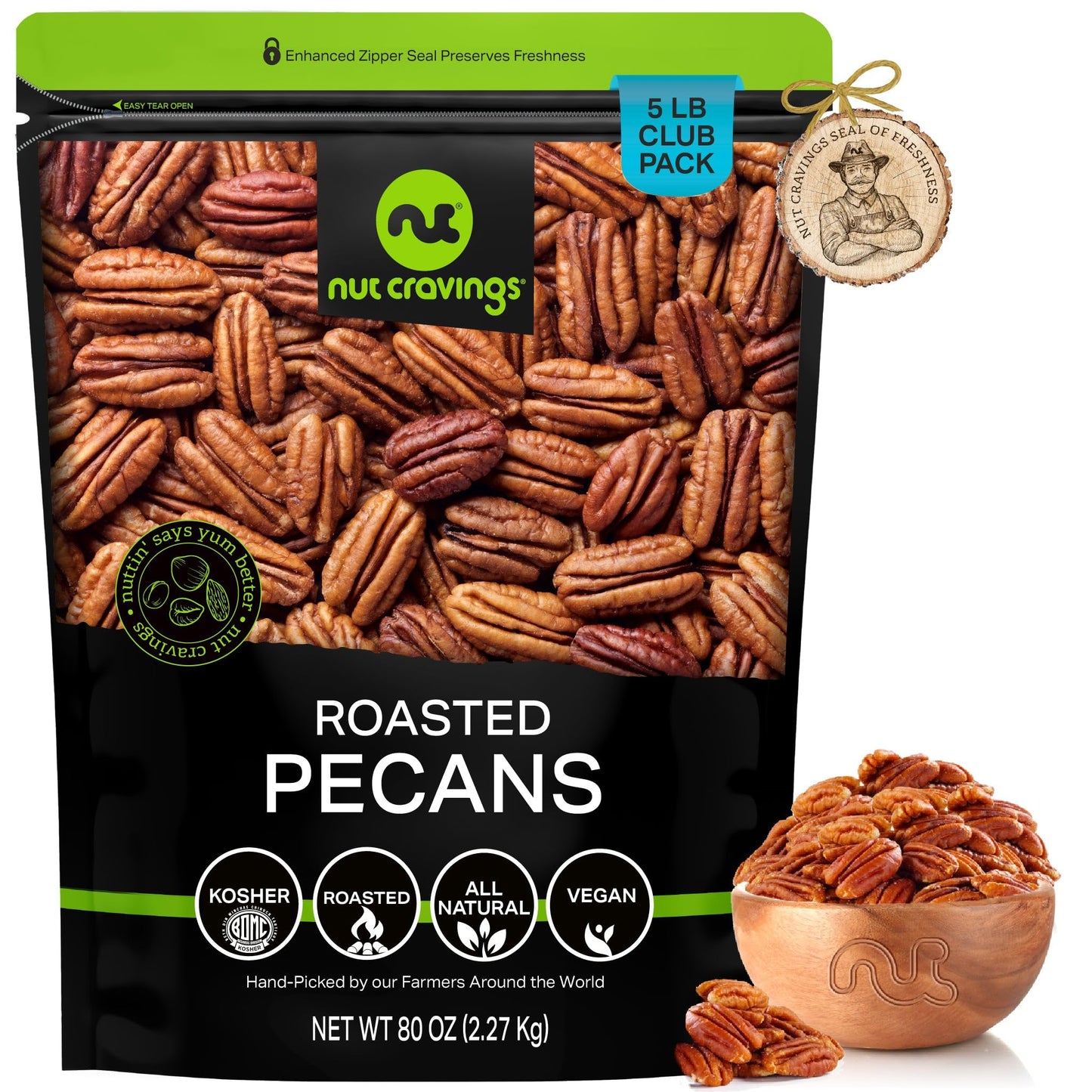 NUT CRAVINGS - Pecans Halves, Roasted & Unsalted, No Shell (80oz - 5 LB) Bulk Nuts Packed Fresh in Resealable Bag - Healthy Prot
