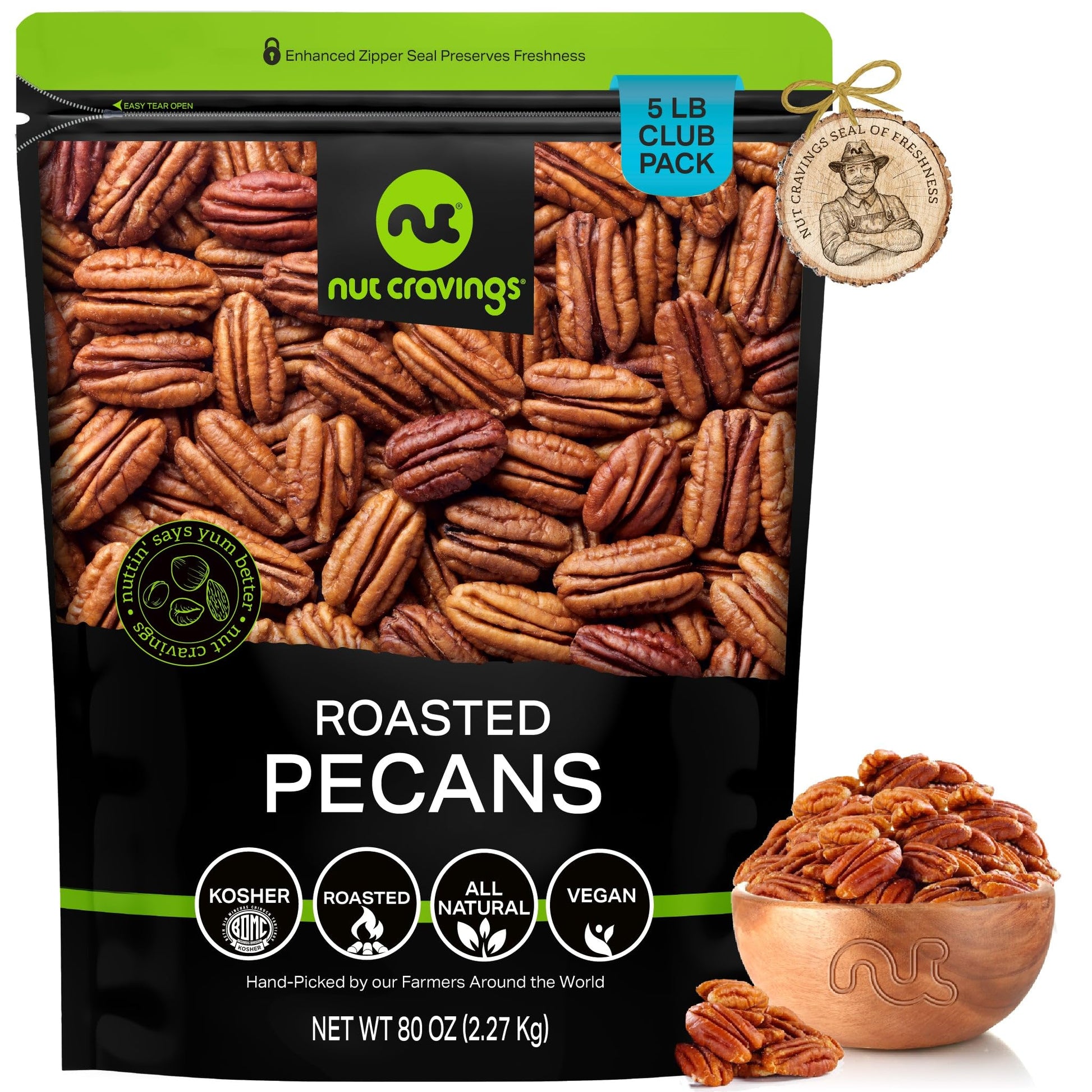 NUT CRAVINGS - Pecans Halves, Roasted & Unsalted, No Shell (80oz - 5 LB) Bulk Nuts Packed Fresh in Resealable Bag - Healthy Prot