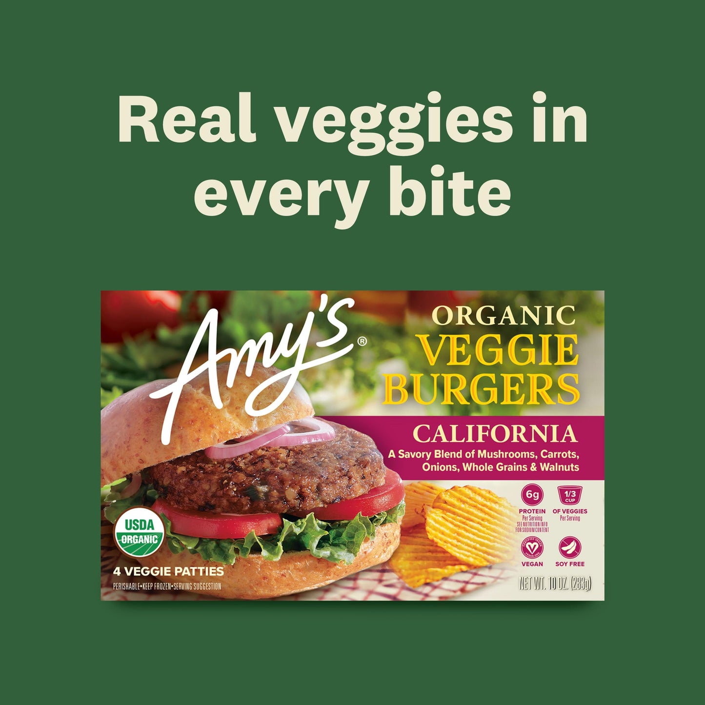 Amys Frozen Meals, Vegan and Dairy Free Veggie Burger, USDA Organic, 10 oz. (4 Pack)