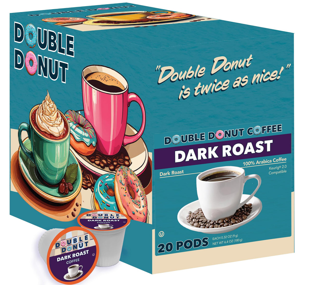 Double Donut Coffee Dark Roast Coffee Pods, Extra Bold Blend, Compatible with Keurig, 20 Count