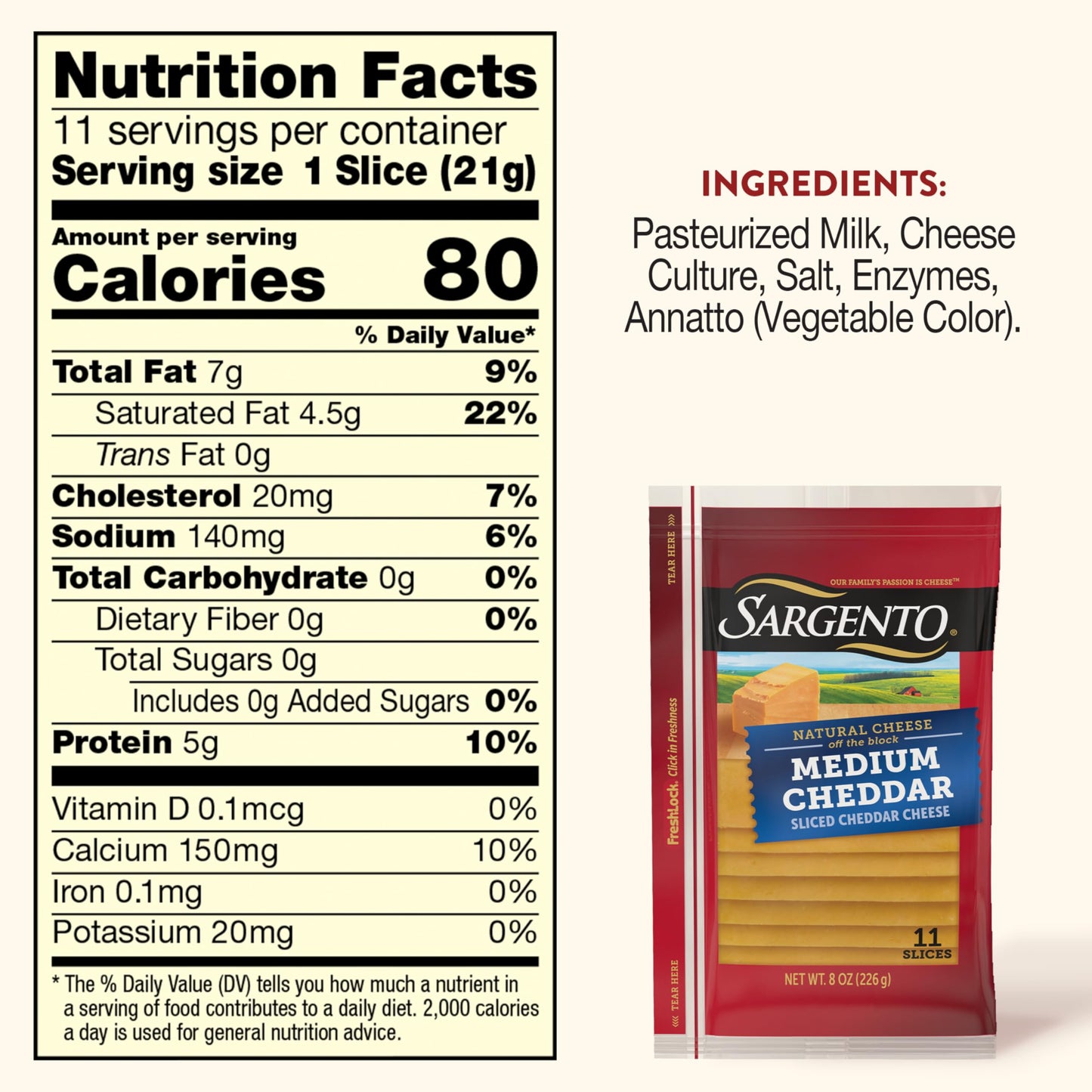Sargento Natural Medium Cheddar Sliced Cheese, 11 Slices