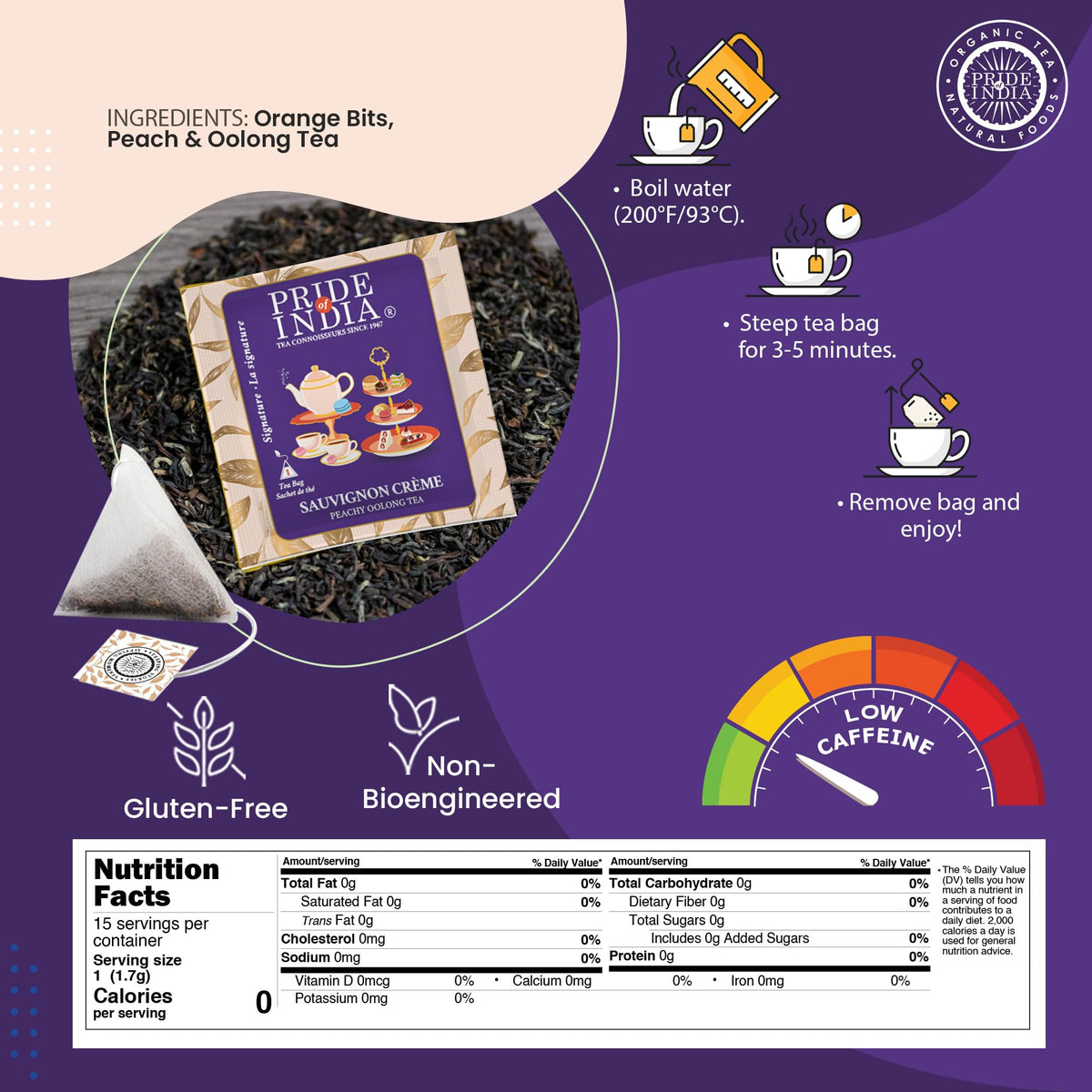 Pride Of India | Pack Of 6 - Sauvignon Crème Peachy Oolong Tea | 15 Pyramid Full Leaf Individually Wrapped Tea Bags | Fruity, Creamy & Citrusy Taste | Refreshing & Relaxing Experience | Caffeine
