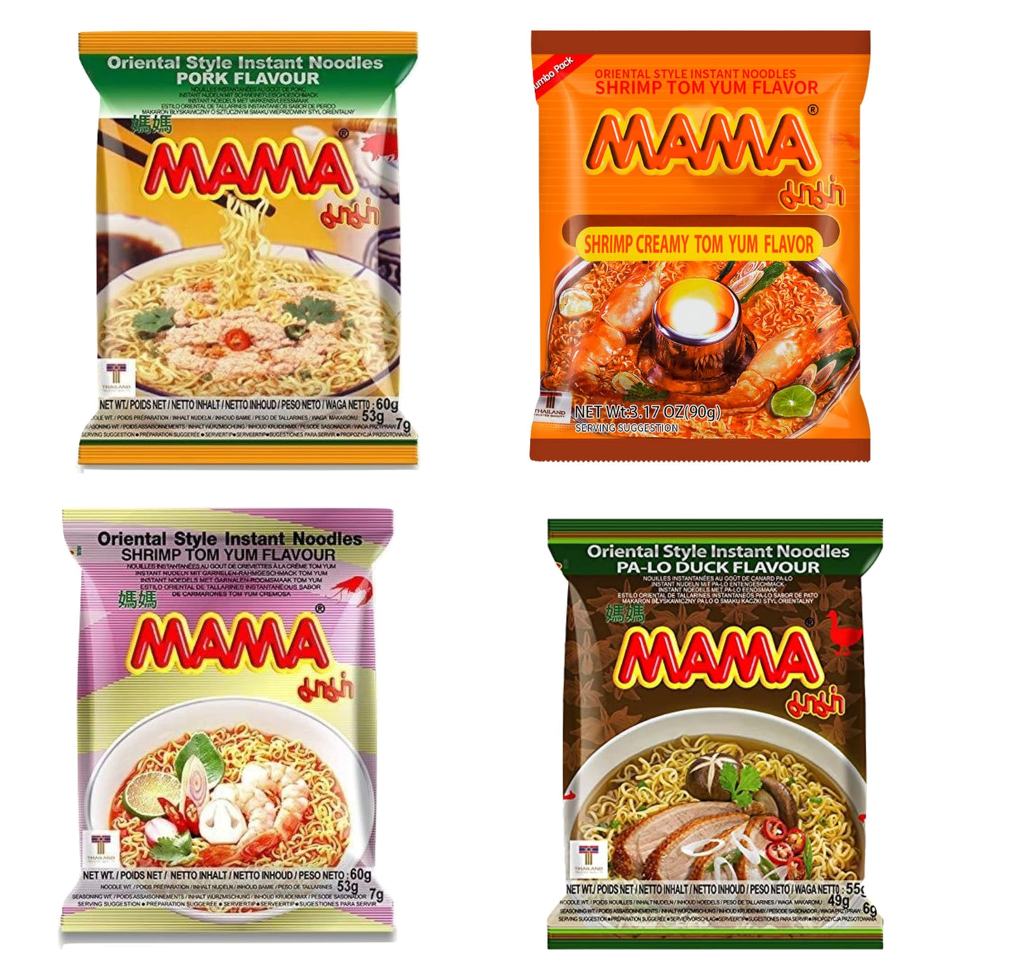 Generic Mama Oriental Style Instant Noodles Mix - 30 Packs (4 Flavors: Shrimp Tom Yum, Pa Lo Duck, Creamy Tom Yum, Pork)