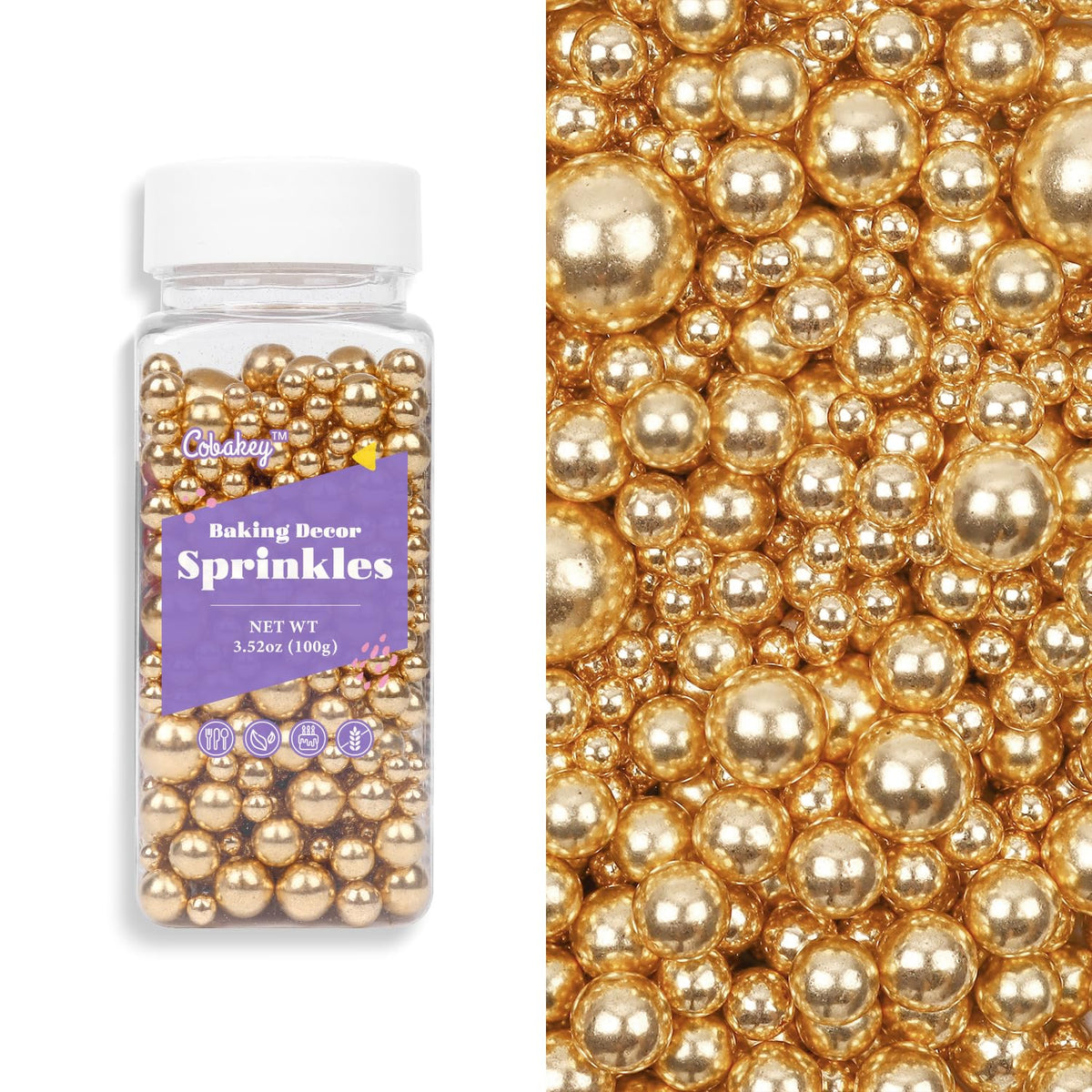 Cobakey Bright Gold Sprinkles For Cake Decorations 3.52 Ounce Gold Metallic Pearl Sugar Sprinkles For Cupcake Toppers Wedding Pa