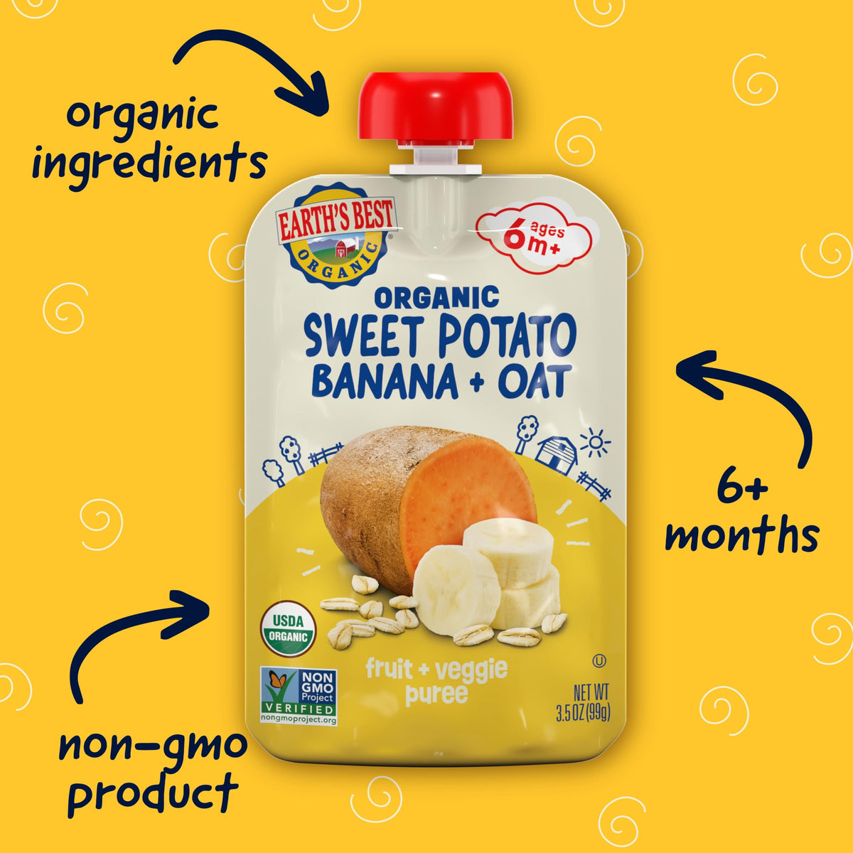 Earth'S Best Fruit + Veggie Puree Organic Sweet Potato Banana + Oat 3.5Oz Pouch (Pack Of 12)