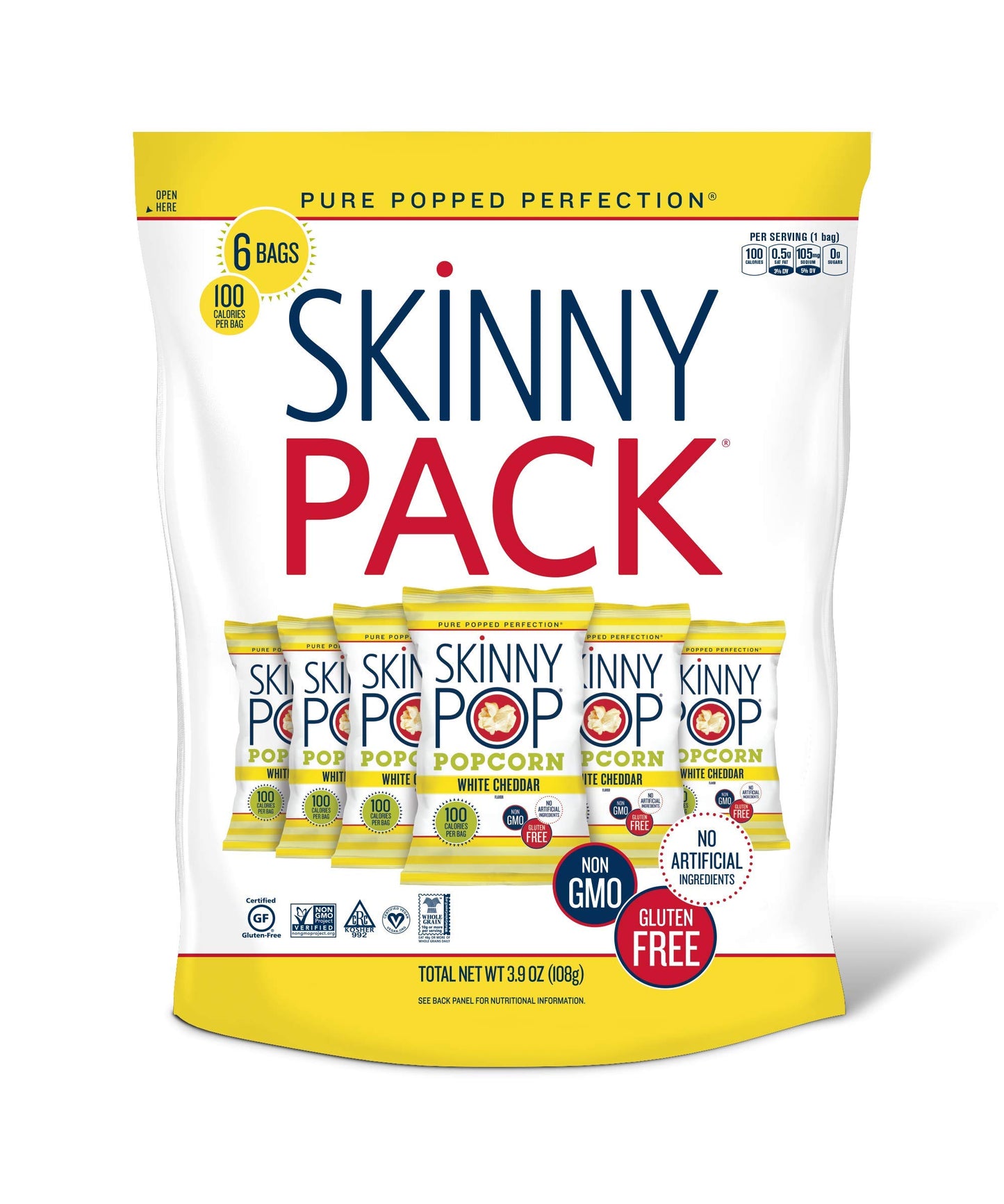 Skinnypop Popcorn, Gluten Free, Non-Gmo, Healthy Snacks, Skinny Pop Dairy Free White Cheddar Popcorn Snack Packs, 065 Oz Individ