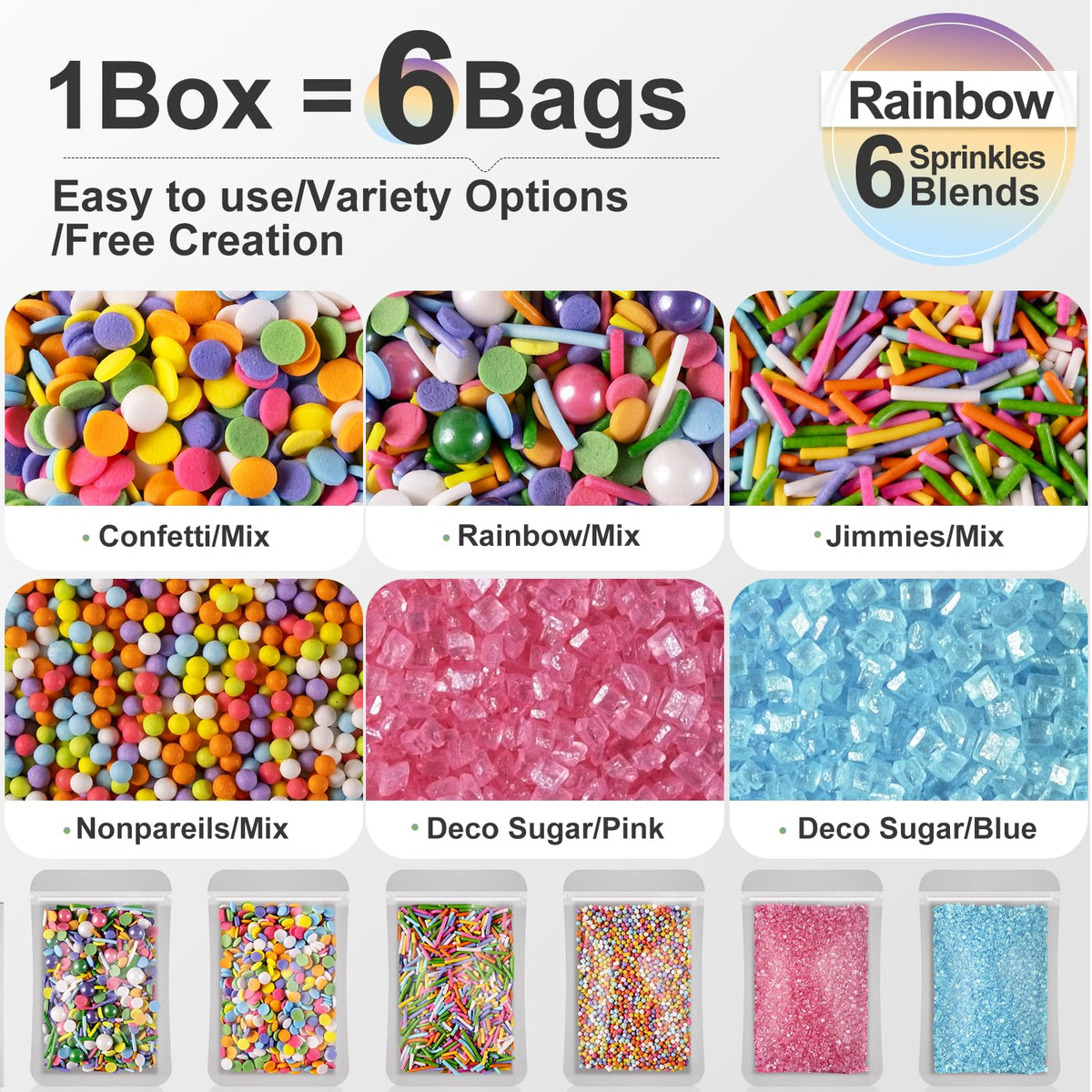 HUEBEATY 6-in-1 Neon & Pastel Rainbow Sprinkles for Cake Decorating - Confetti, Nonpareils, Jimmies & Sanding Sugar - Edible Cup