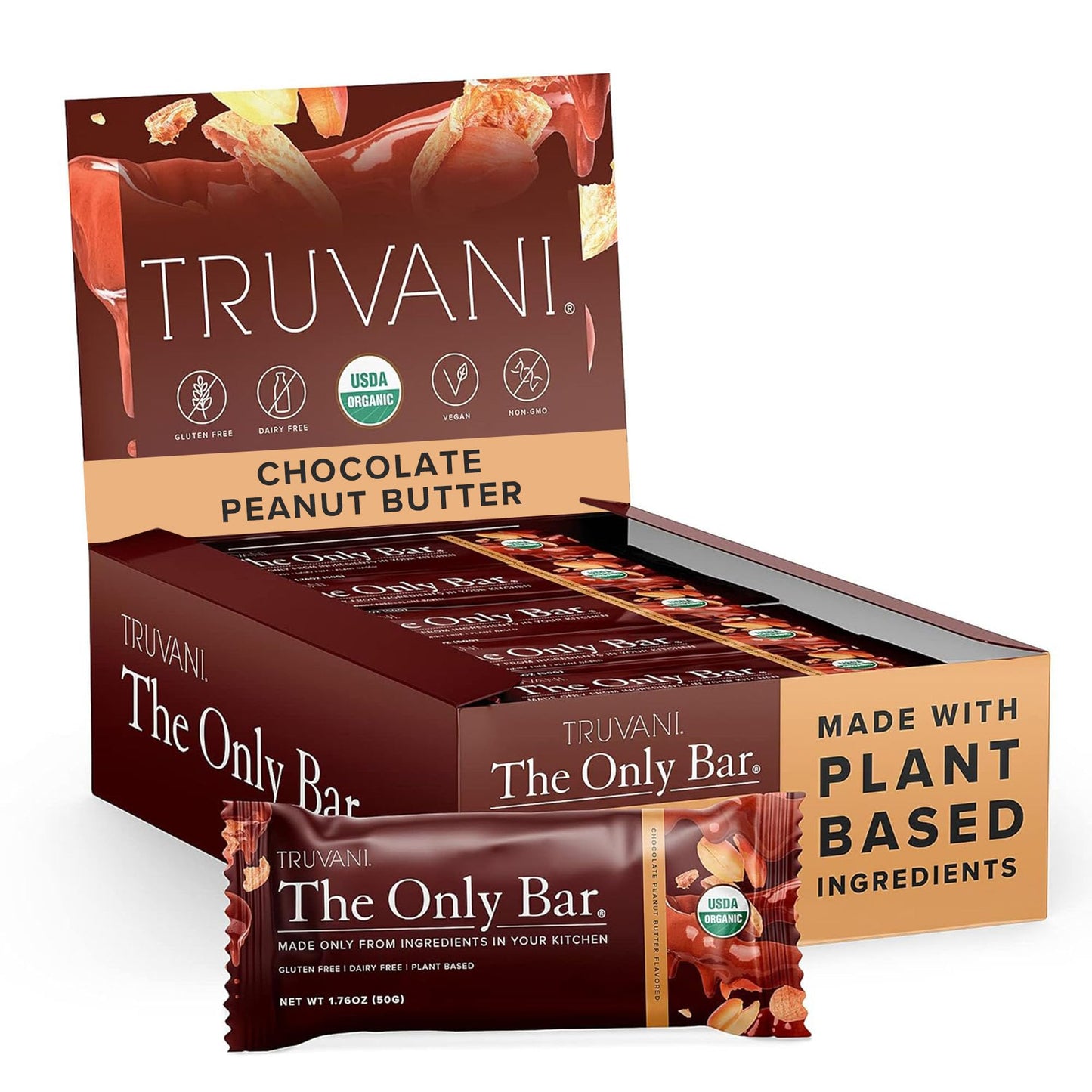 Truvani Plant Based Snack Bar | Chocolate Peanut Butter 12 Pack | 7g Protein | USDA Organic and Vegan | The Only Bar | Dairy, So