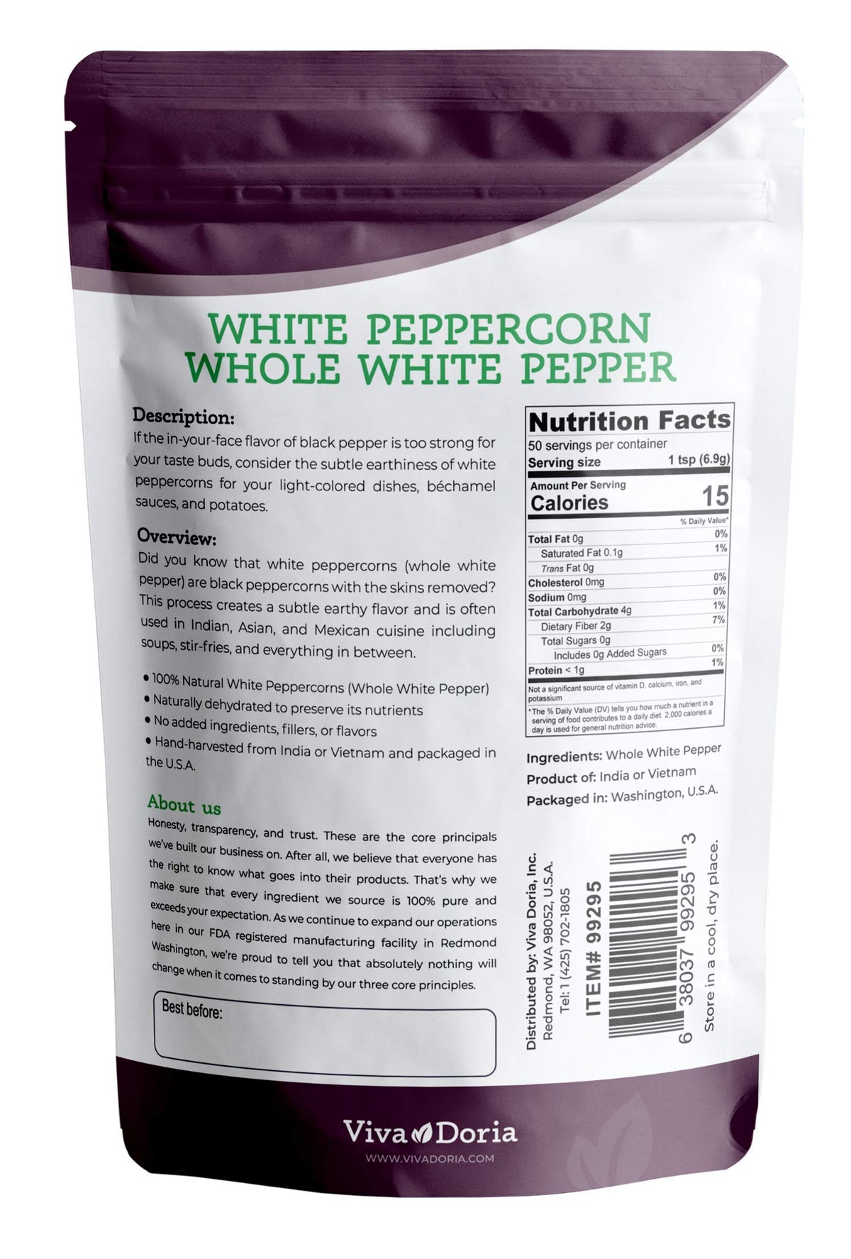 Viva Doria White Peppercorn, Whole White Pepper, 12 Oz For Grinder Refill