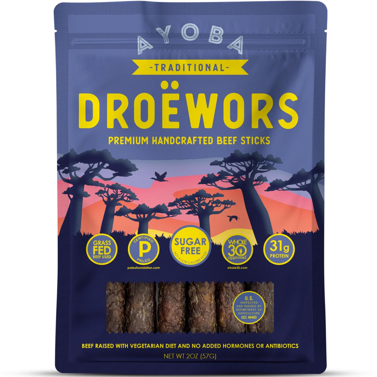 Ayoba Traditional Droewors Grass Fed Beef Paleo Sticks (2 Ounce  Pack Of 8) - Keto Friendly  Air-Dried Beef Protein Snacks - Low Carb  Gluten Free  Nitrate Free  No Sugar  Meat Snacks