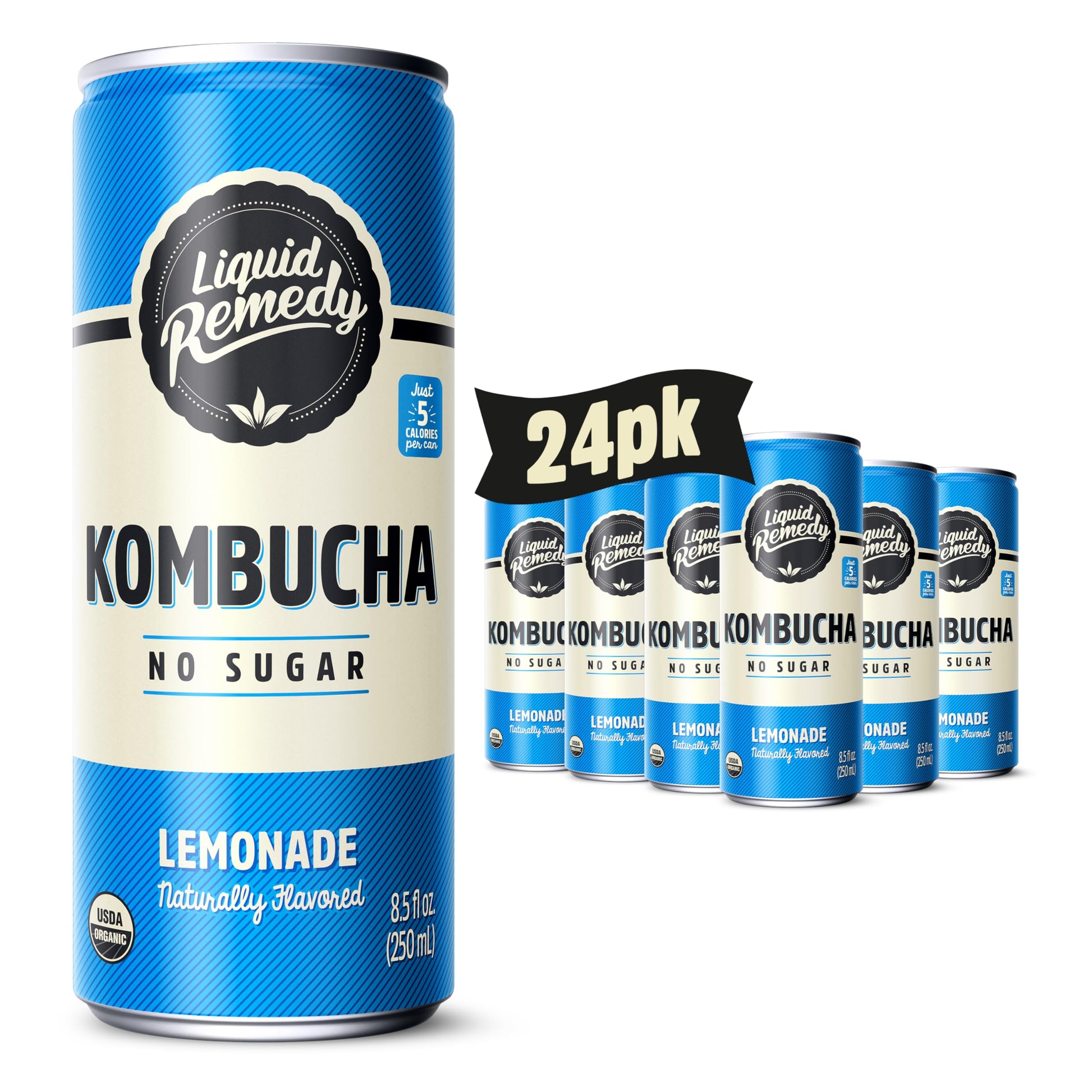 Remedy Kombucha Sugar Free Organic Drink, Probiotic Tea, Lemonade, 8.5 Fl Oz Can, Pack of 24