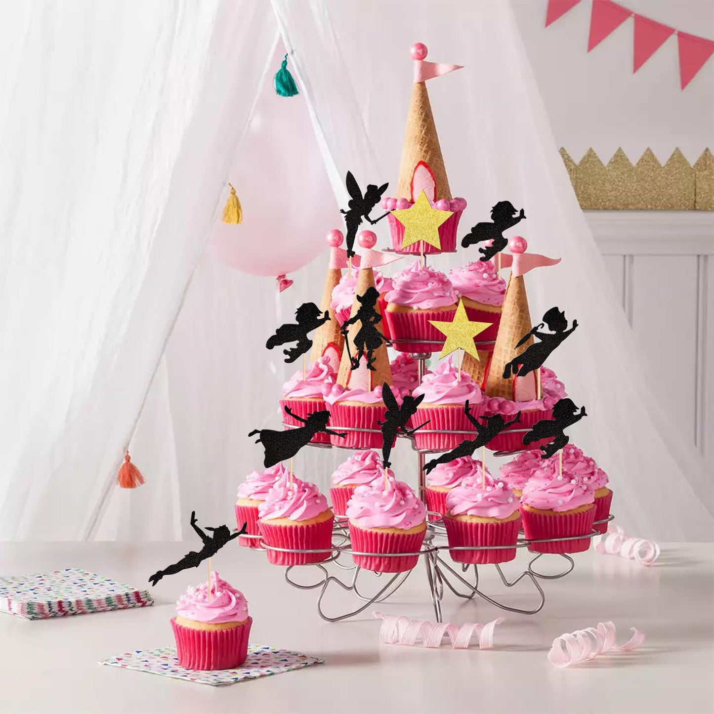 ZHUOWEISM Cupcake Toppers 24 PCS Glitter Star for Baby Shower, Birthday Party, Gold Black, Paper