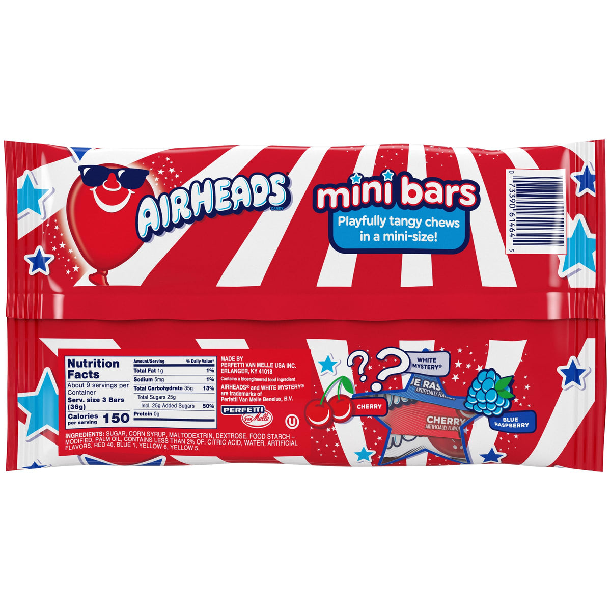 Airheads Mini-Size Bars Red, White & Blue, Taffy Candy Assorted Bag, Individually Wrapped Candy, Three Assorted Flavors, 12Oz
