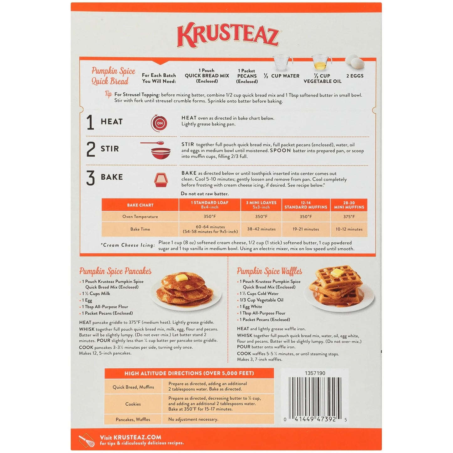 Krusteaz Pumpkin Spice Quick Bread Mix - 4 Pouches (68 Oz Total)