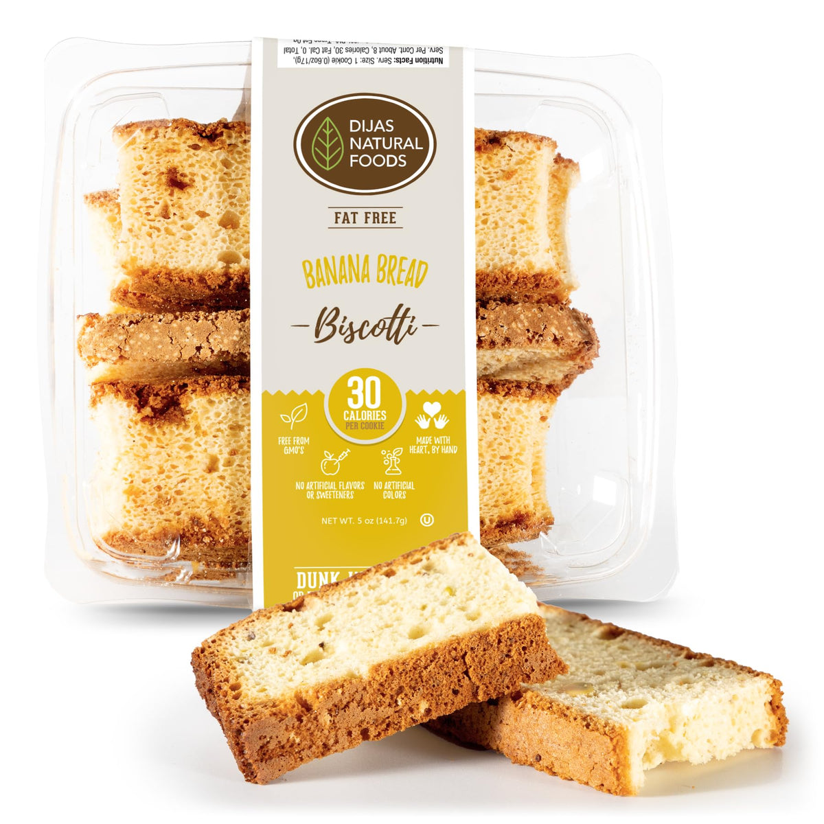 Dijas Natural Foods, Crunchy Fat Free Biscotti Cookie, All Natural Preservative Free Ingredients, Delicious Low Calorie Snack (5 Ounces, Banana Bread)