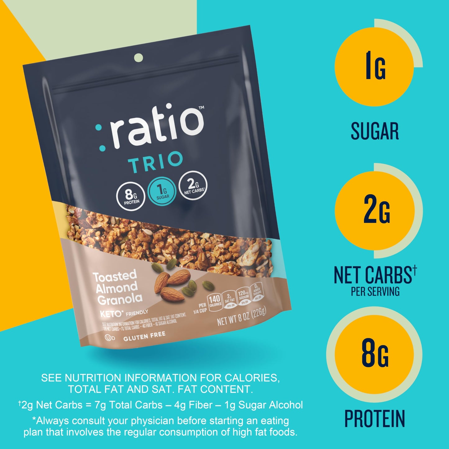 Ratio Trio Toasted Almond Granola Cereal, Keto Friendly, 1g Sugar, 8 oz Resealable Bag