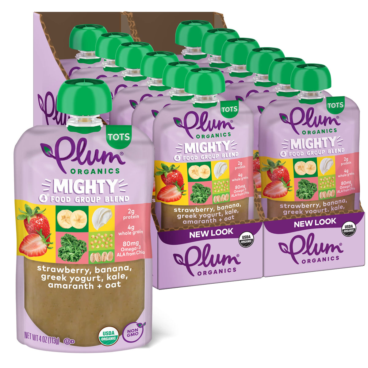 Plum Organics Mighty 4 Organic Toddler Food - Strawberry, Banana, Greek Yogurt, Kale, Amaranth, And Oat - 4 Oz Pouch (Pack Of 12