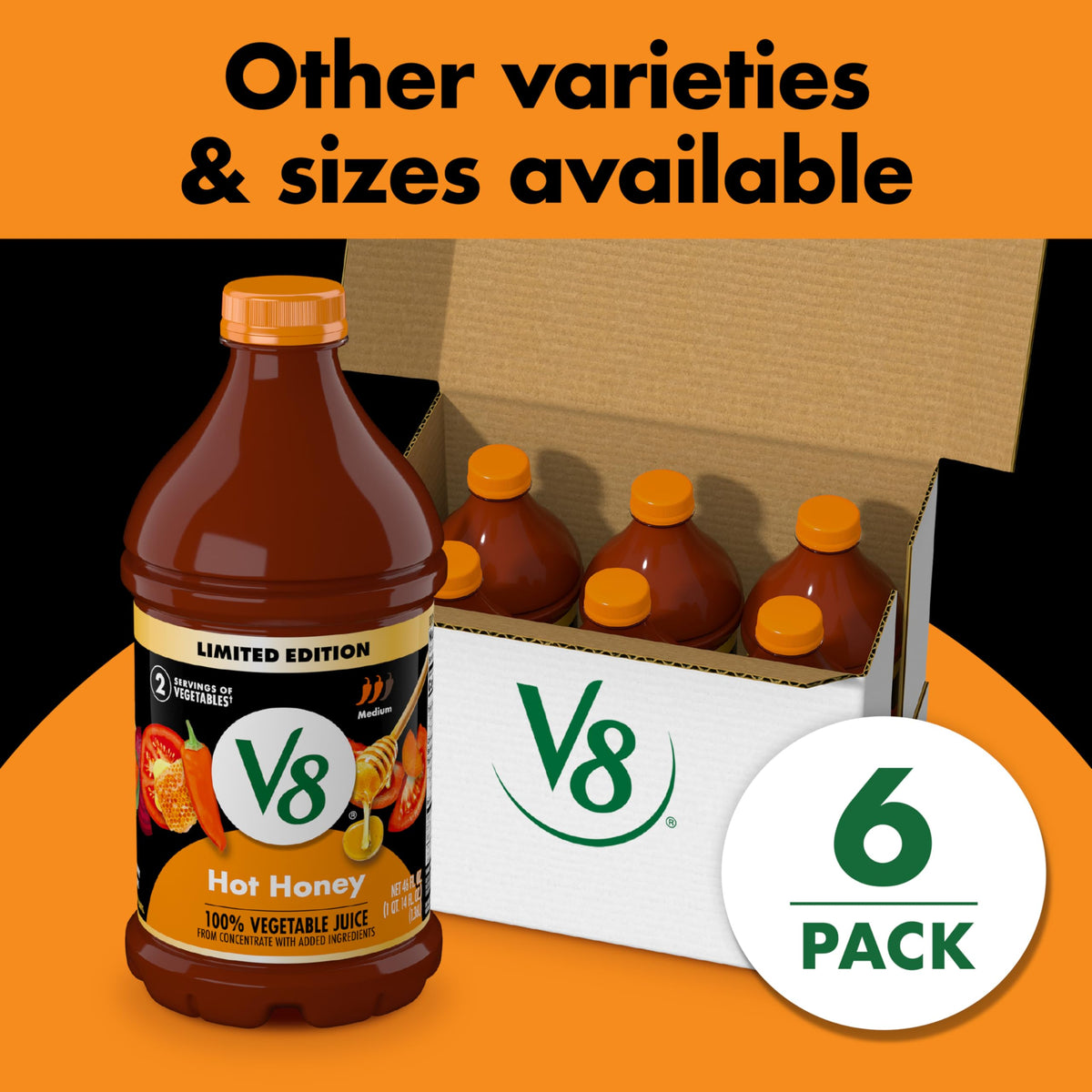 V8 Hot Honey 100% Vegetable Juice, 46 fl oz Bottle (6 Pack)