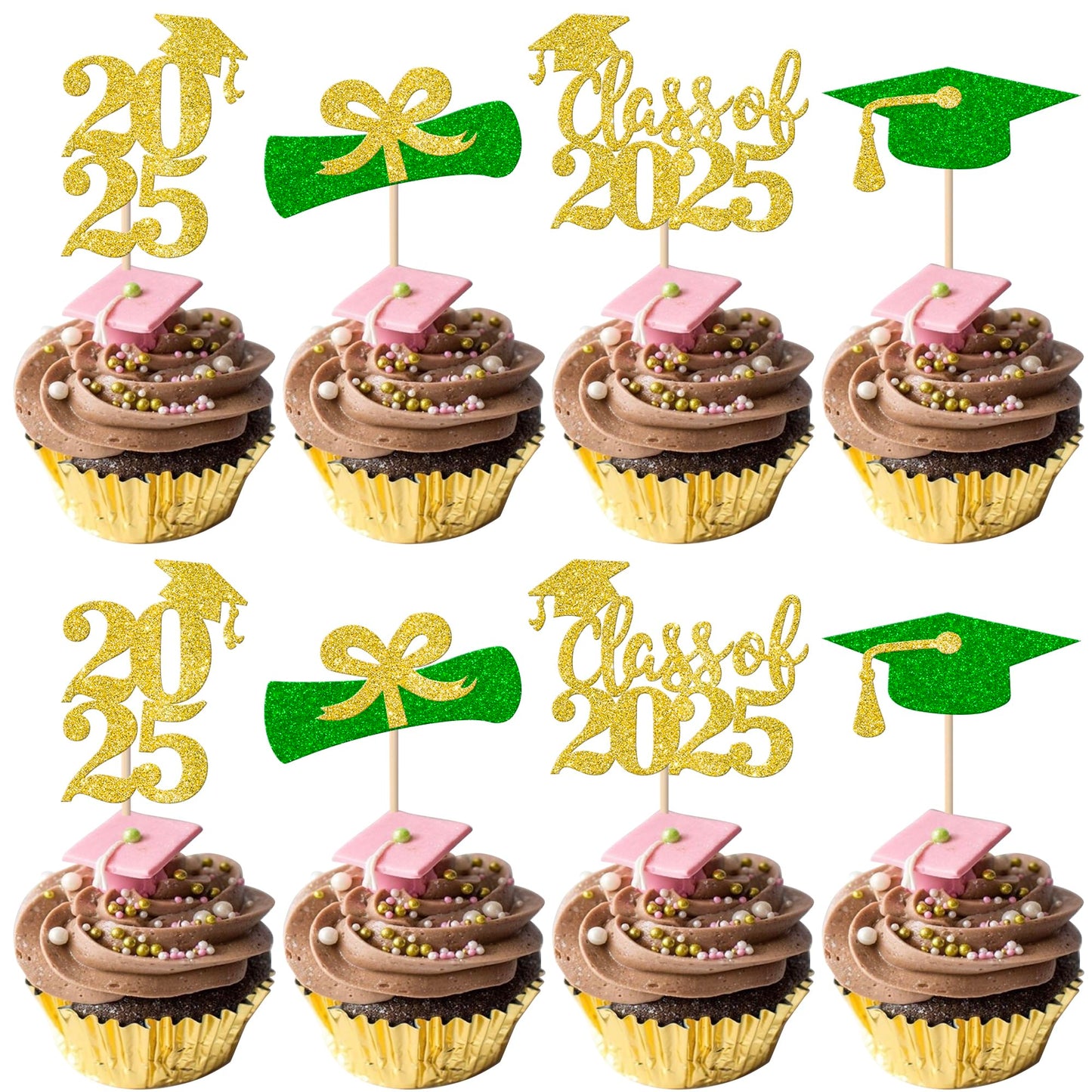 YCTHUNFISH 24 Pack Cupcake Toppers Gold Green Glitter 2025 Graduation Diplomas Grad Caps for Party Decorations